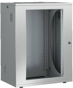 Ein grauer, leerer Wandschrank für Netzwerktechnik mit Glastür; geeignet zur Installation von Server- oder Netzwerkausrüstung.