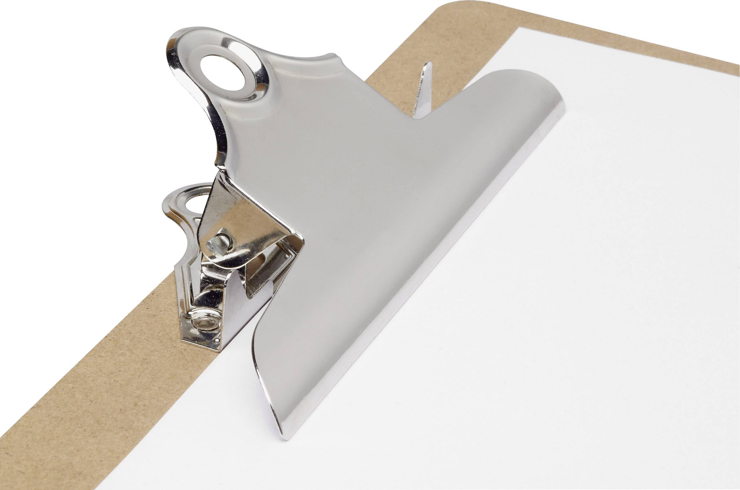 Klemmbrett mit Metallklammer, hält leeres weißes Papier.
