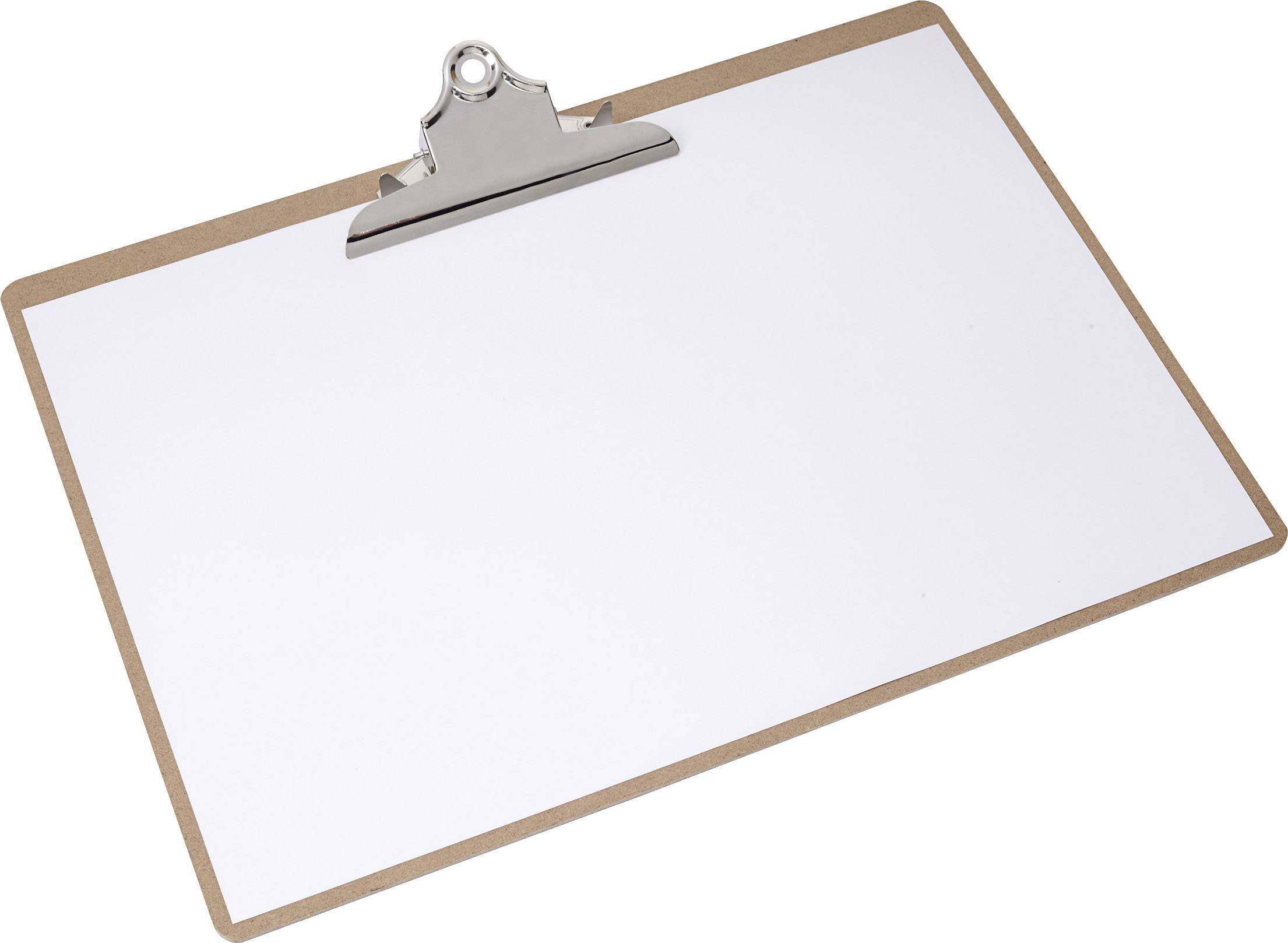 Ein leeres Klemmbrett aus Holz mit einem Metallclip oben, auf dem ein weißes Blatt Papier befestigt werden kann.
