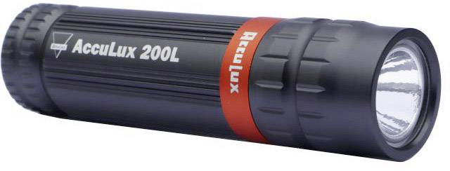 Schwarze Taschenlampe mit rotem Ring und der Aufschrift 'AccuLux 200L'. Sie ist kompakt und für den mobilen Einsatz geeignet.