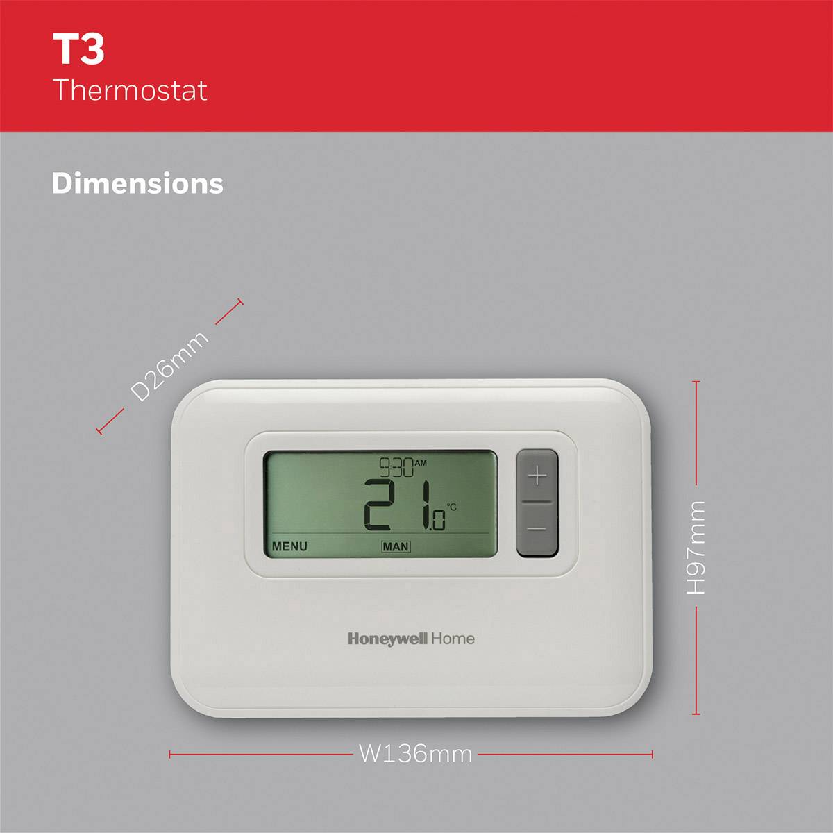Ein rechteckiges Thermostat von Honeywell Home zeigt 21,0 °C auf einem digitalen Display. Abmessungen: W136mm, H97mm, D26mm.
