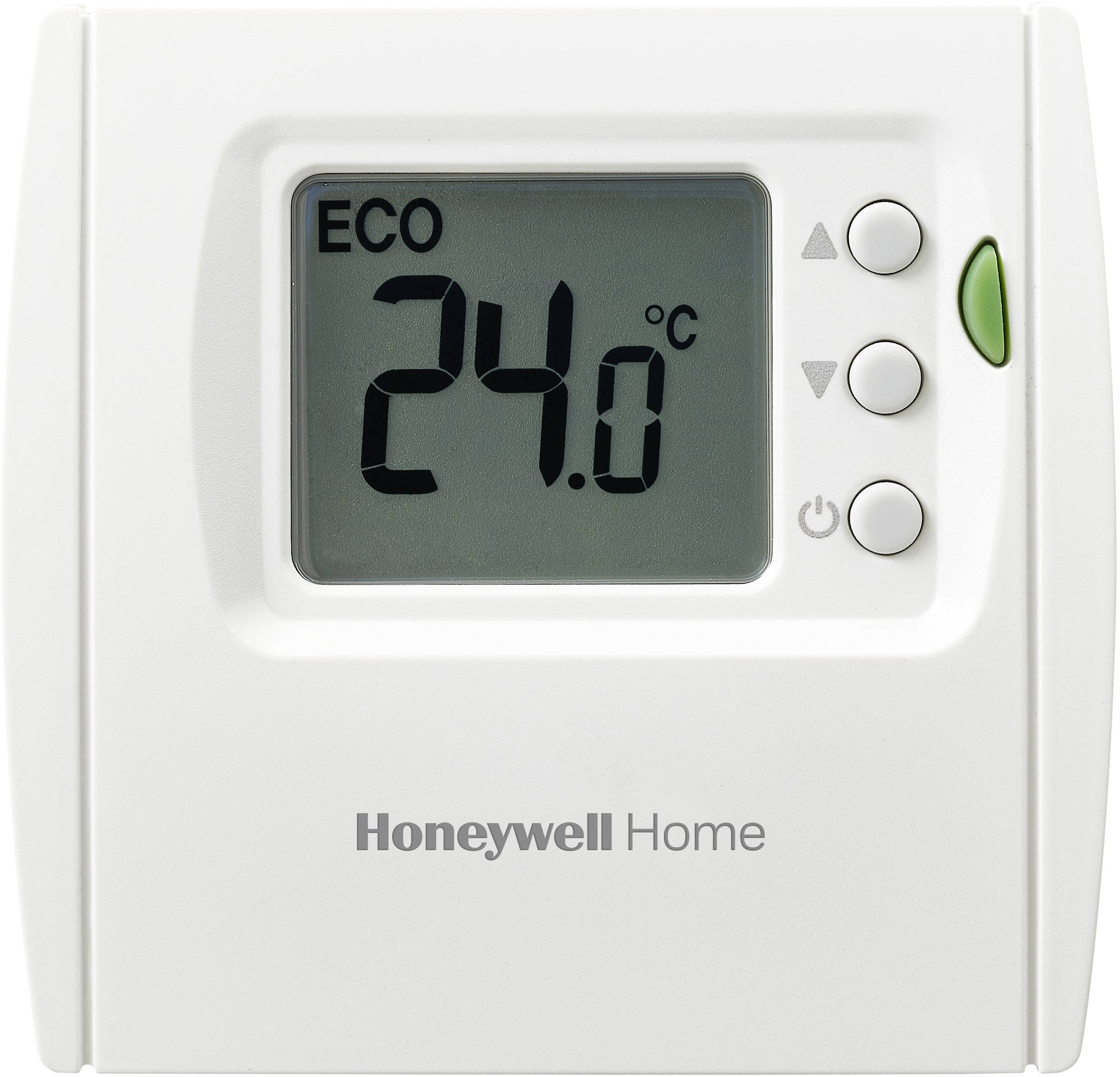 Ein Thermostat zeigt 'ECO' und eine Temperatur von 24 Grad Celsius an. Drei Steuerungstasten sind daneben sichtbar.