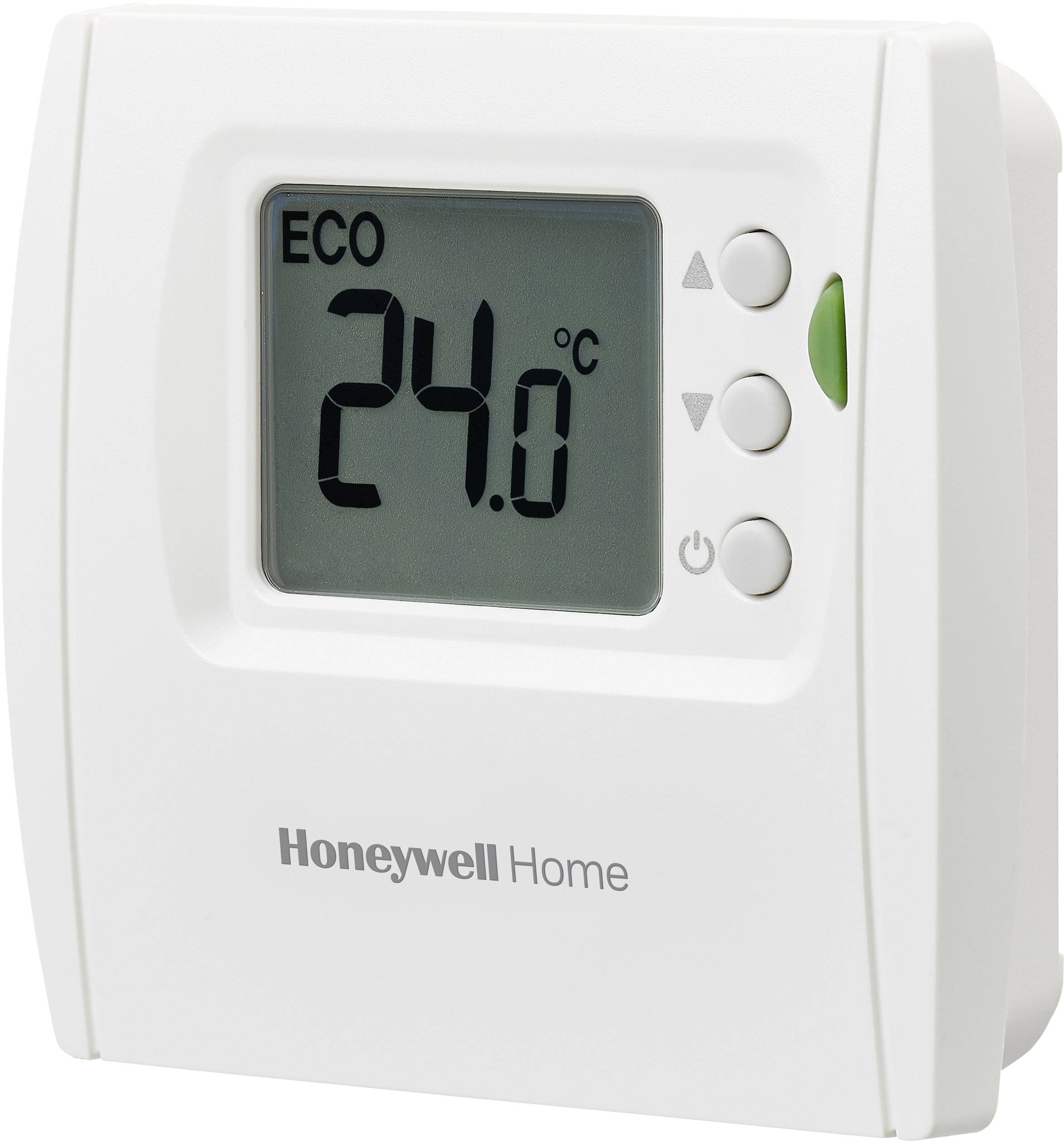 Ein digitales Thermostat zeigt 'ECO 24°C' an. Das Gerät hat drei Knöpfe rechts neben dem Display. Marke: Honeywell Home.