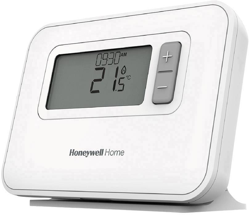 Ein digitales Thermostat von Honeywell Home zeigt '09:30 AM' und '21.5°C'. Es hat Plus- und Minus-Tasten zur Temperatureinstellung.