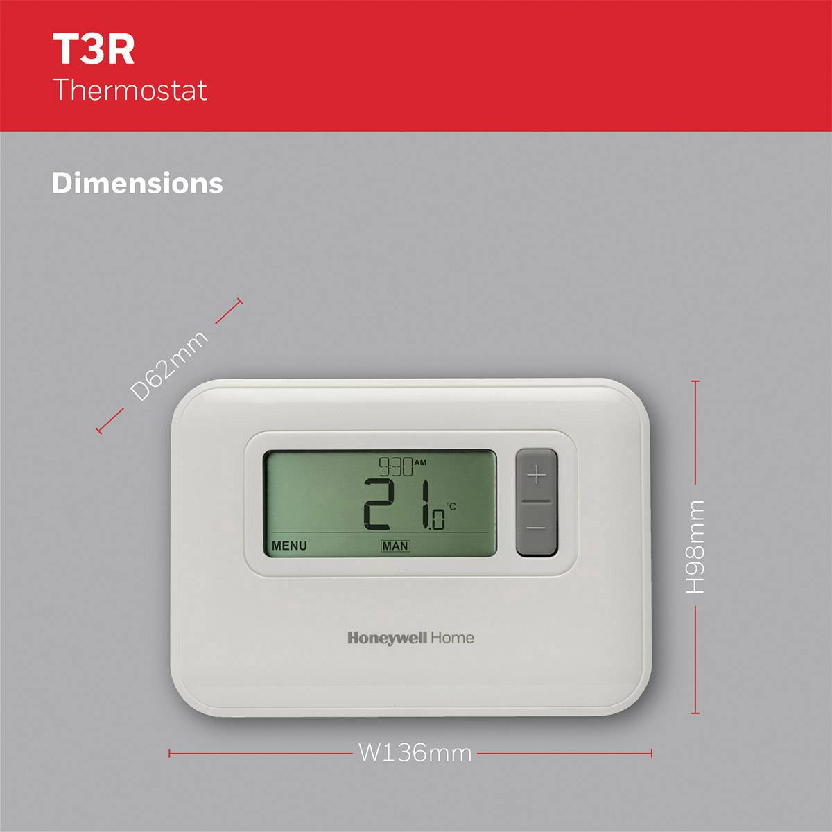 Ein weißes Wandthermostat mit digitalem Bildschirm zeigt 21°C an. Maße in Millimetern: Tiefe 62, Breite 136, Höhe 98. Marke: Honeywell.