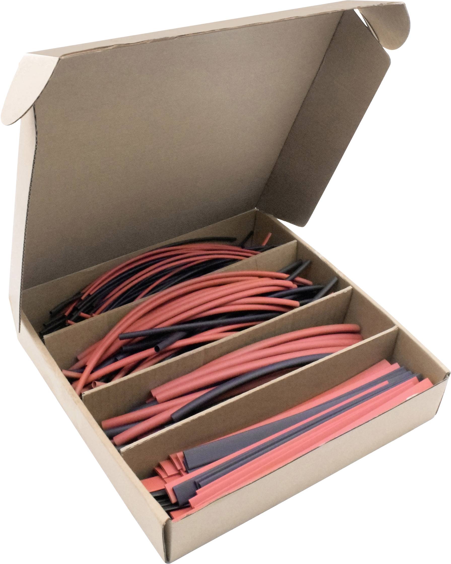 Kartonschachtel mit Fächern voller verschiedenfarbiger Schrumpfschläuche. Rot und schwarz dominieren, geeignet für Kabelisolierung.