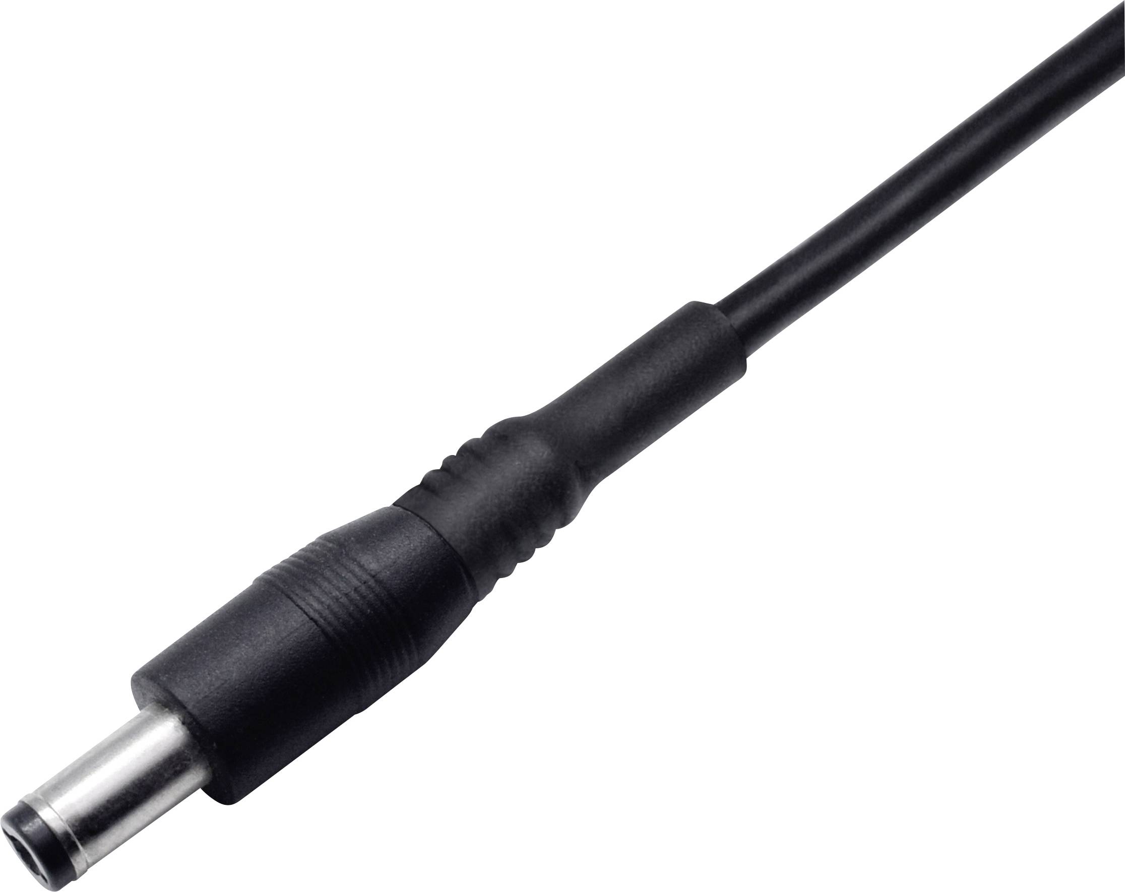 Ein schwarzer Stromstecker mit rundem Metallende und Kabel.