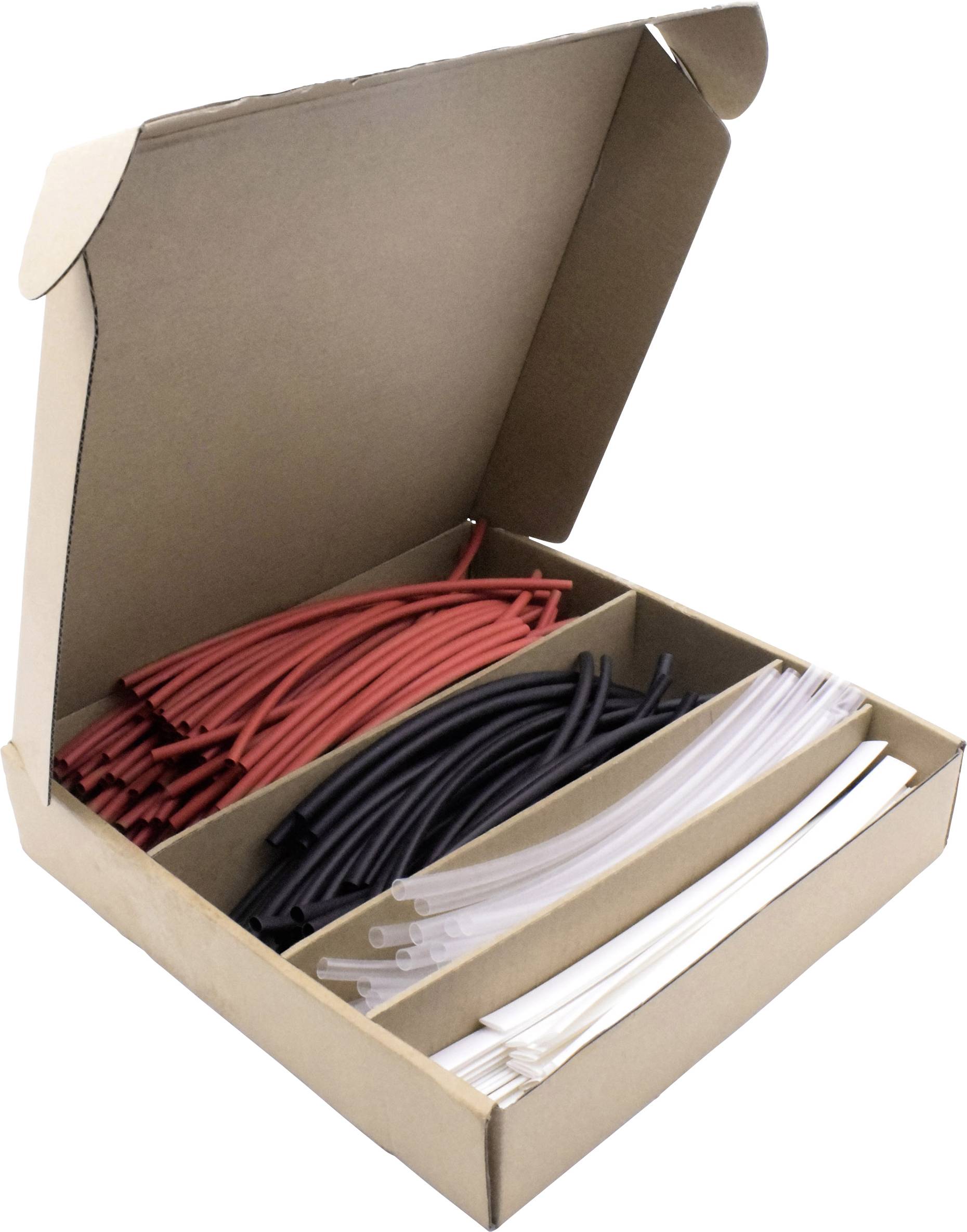 Ein offener Karton mit Fächern, enthält rote, schwarze und weiße Schrumpfschläuche in verschiedenen Größen.