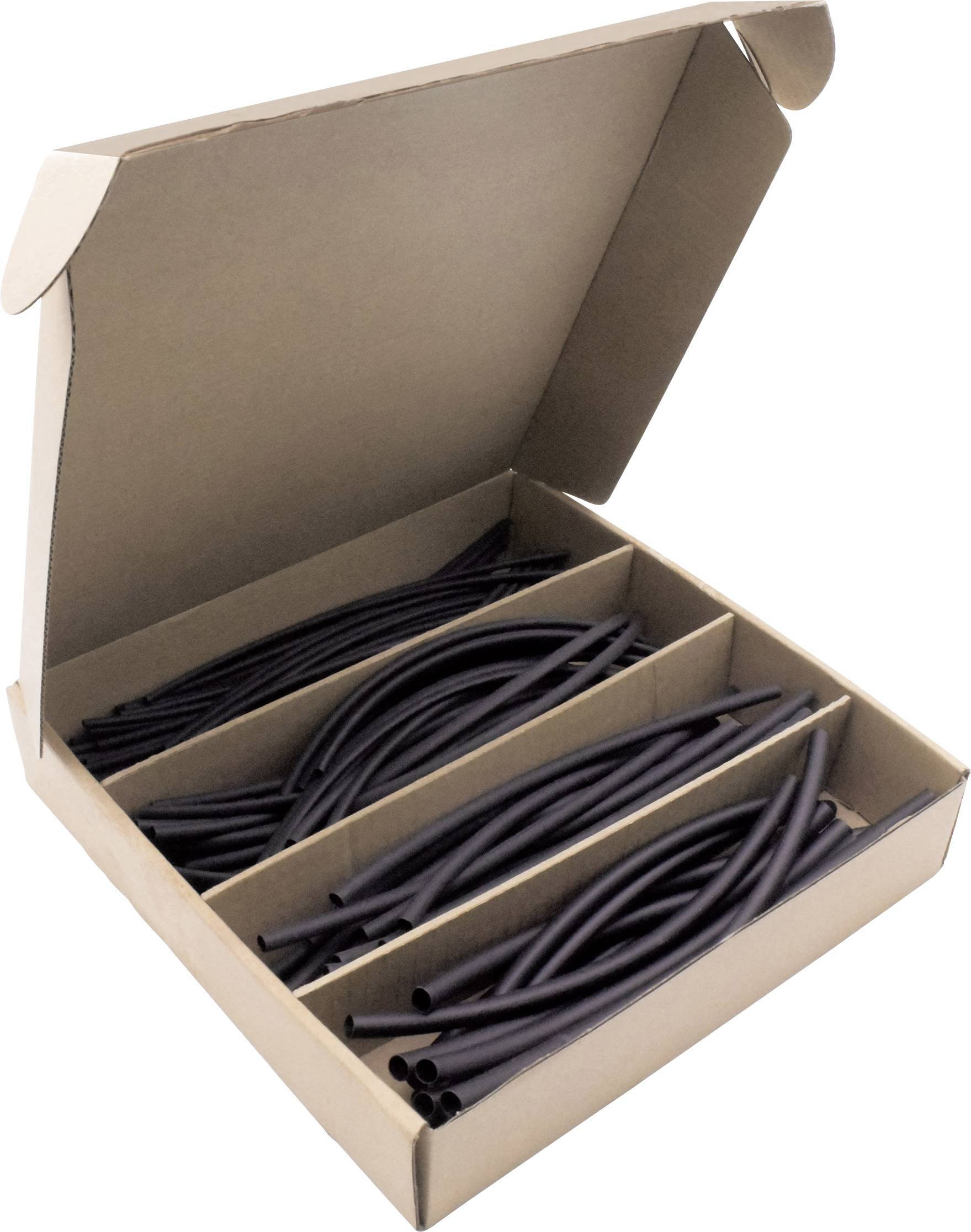 Karton mit offenen Fächern, gefüllt mit unterschiedlichen Größen von schwarzen Schrumpfschläuchen, zur Kabelisolierung.