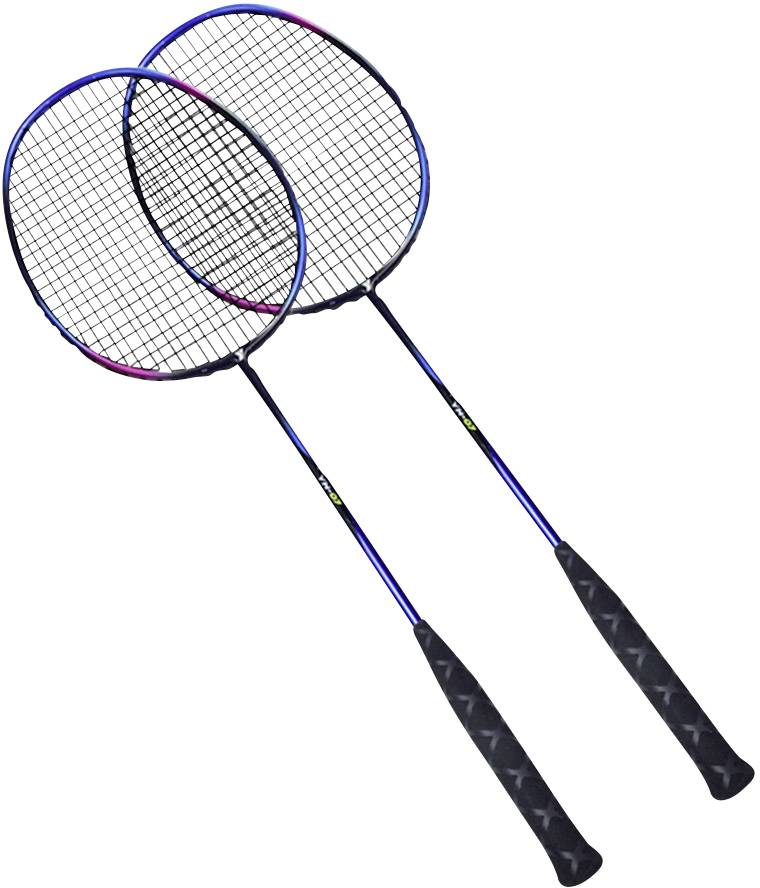 Zwei Badmintonschläger mit schwarzen Griffen und blauen Rahmen liegen nebeneinander.