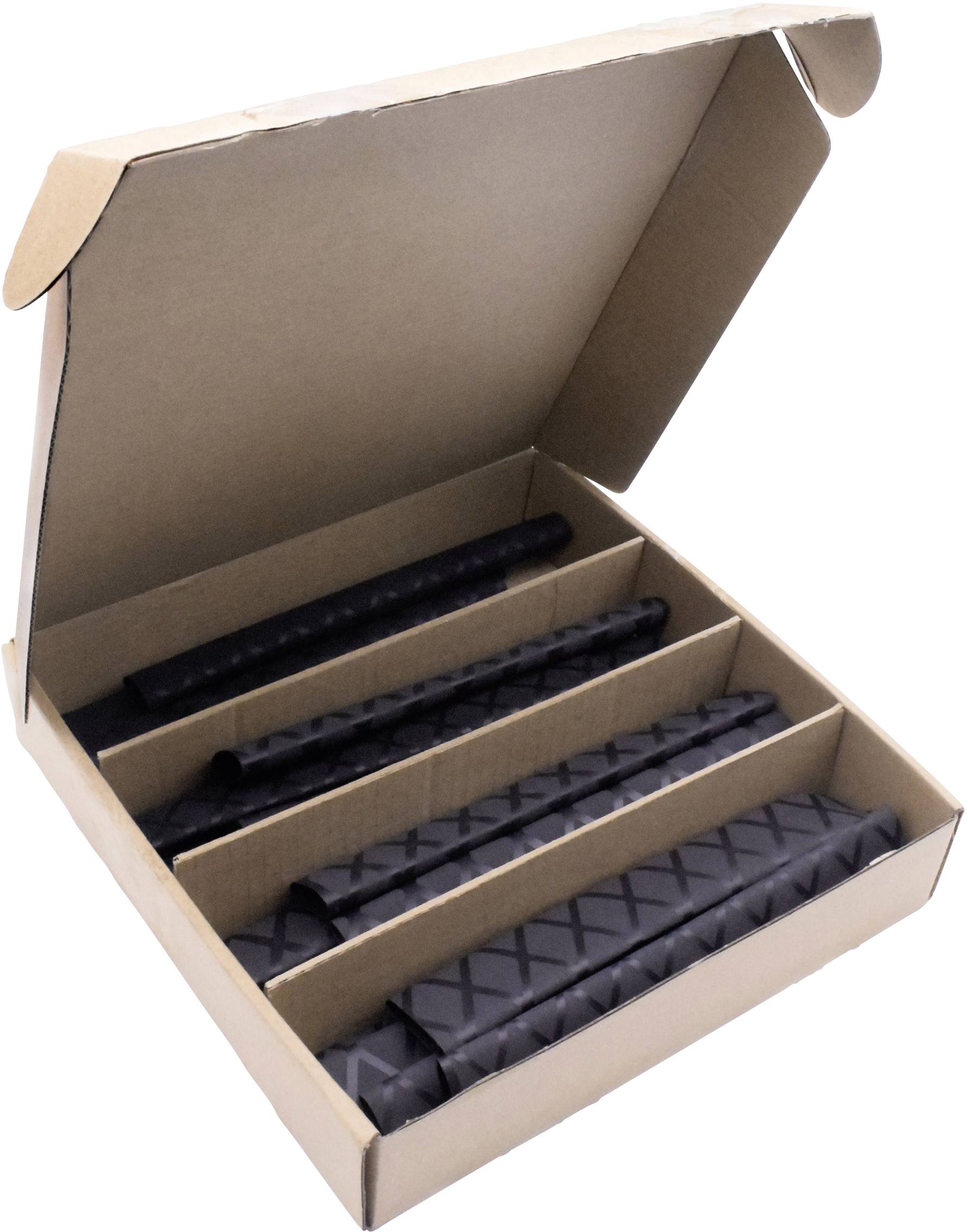 Ein offener Karton mit vier schwarzen Schaumstoffeinlagen in separaten Fächern, verpackt für den sicheren Transport von langen Gegenständen.