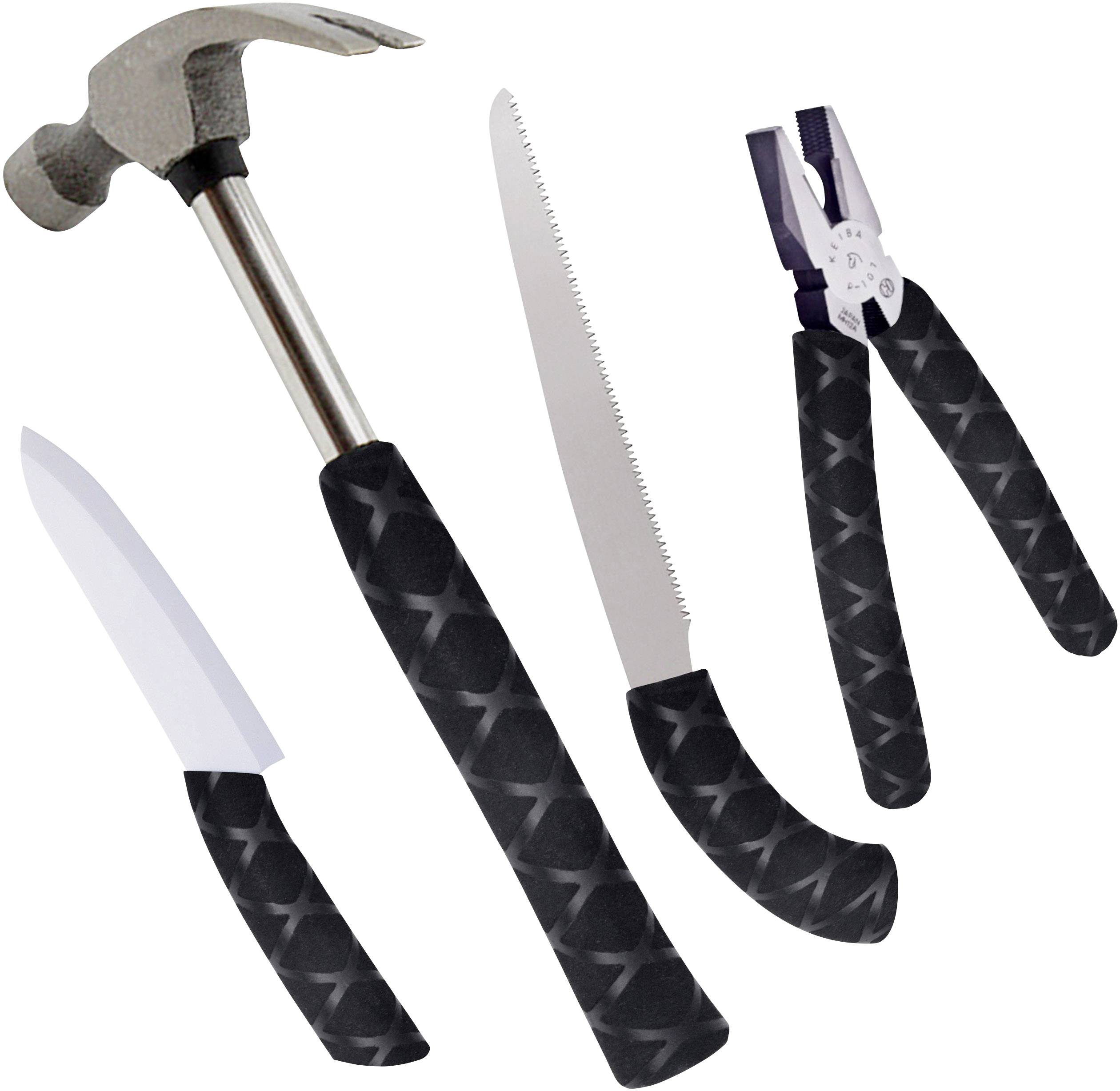Verschiedene Werkzeuge mit gebogenen, gemusterten schwarzen Griffen: Hammer, Messer, Säge, Zange.