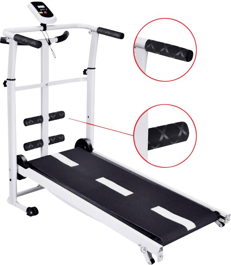 Ein Heimtrainer-Laufband mit Handgriffen und digitalem Display. Vergrößerung zeigt rutschfeste Griffe. Ideal für Heimfitness.