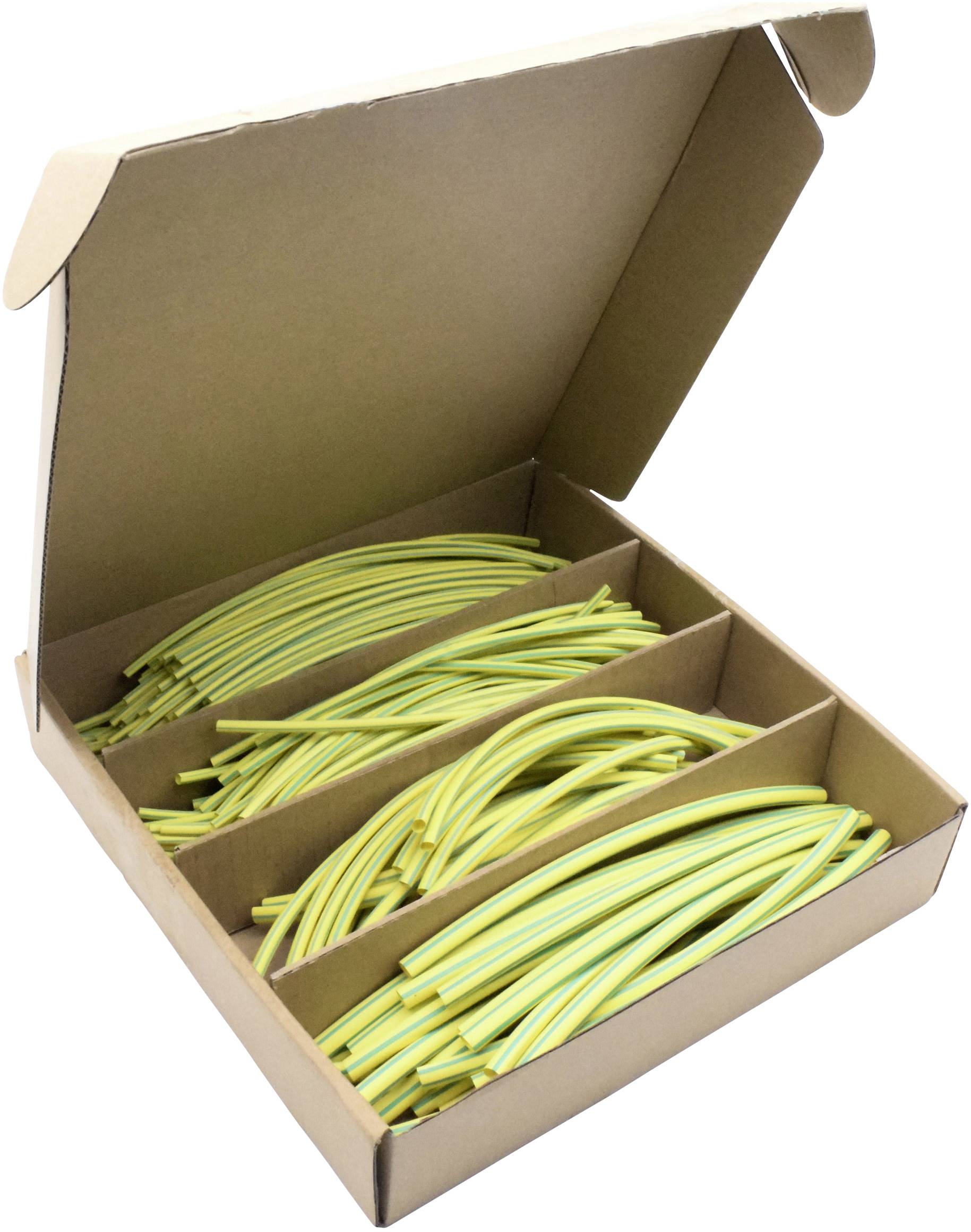 Karton mit gelb-grünen Kabeln in verschiedenen Längen ordentlich in drei Fächer sortiert.