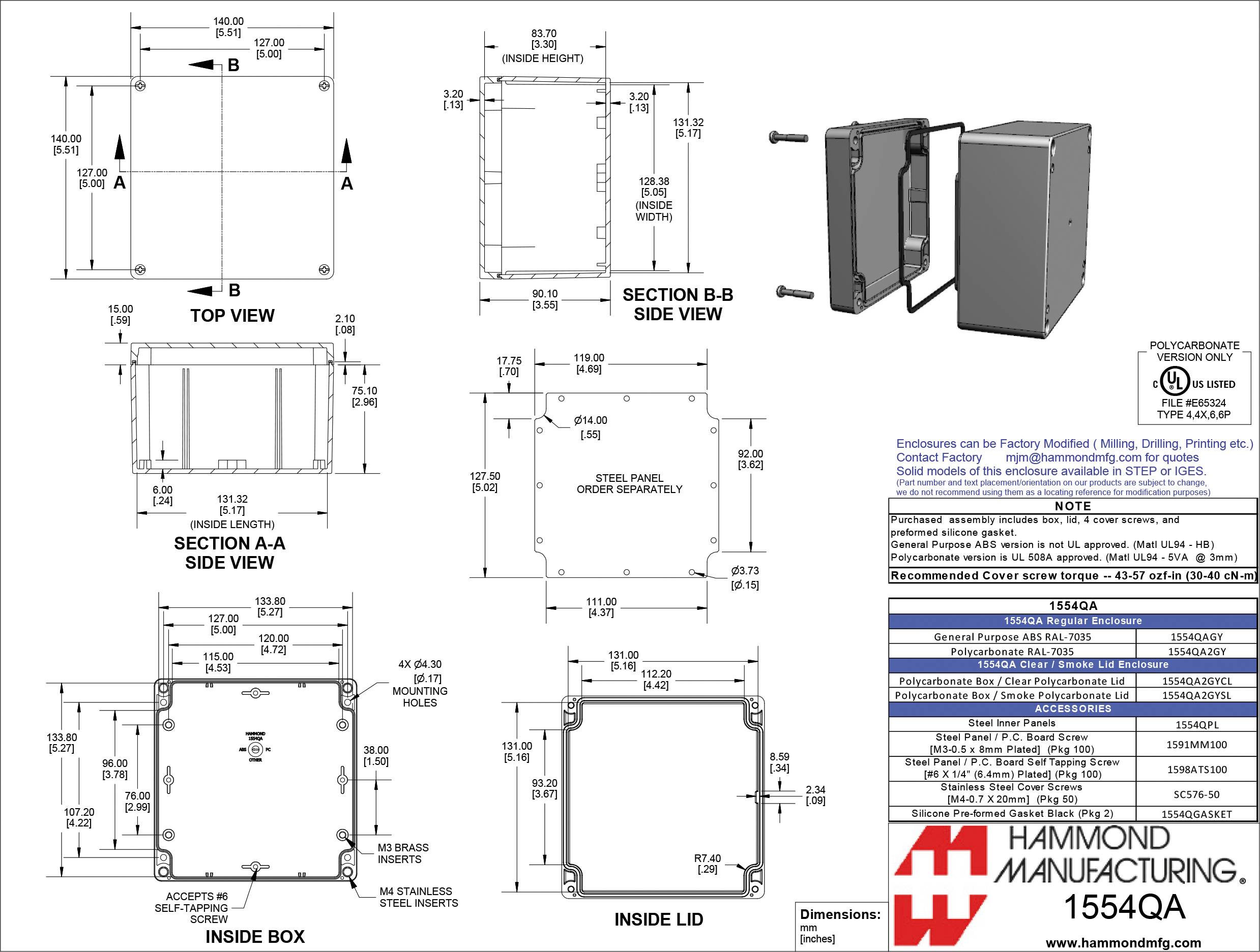 Hammond Electronics 1554 PC 1554QA2GY Universal-Gehäuse 60 x 140 x 140 Polycarbonat Grau 1St.