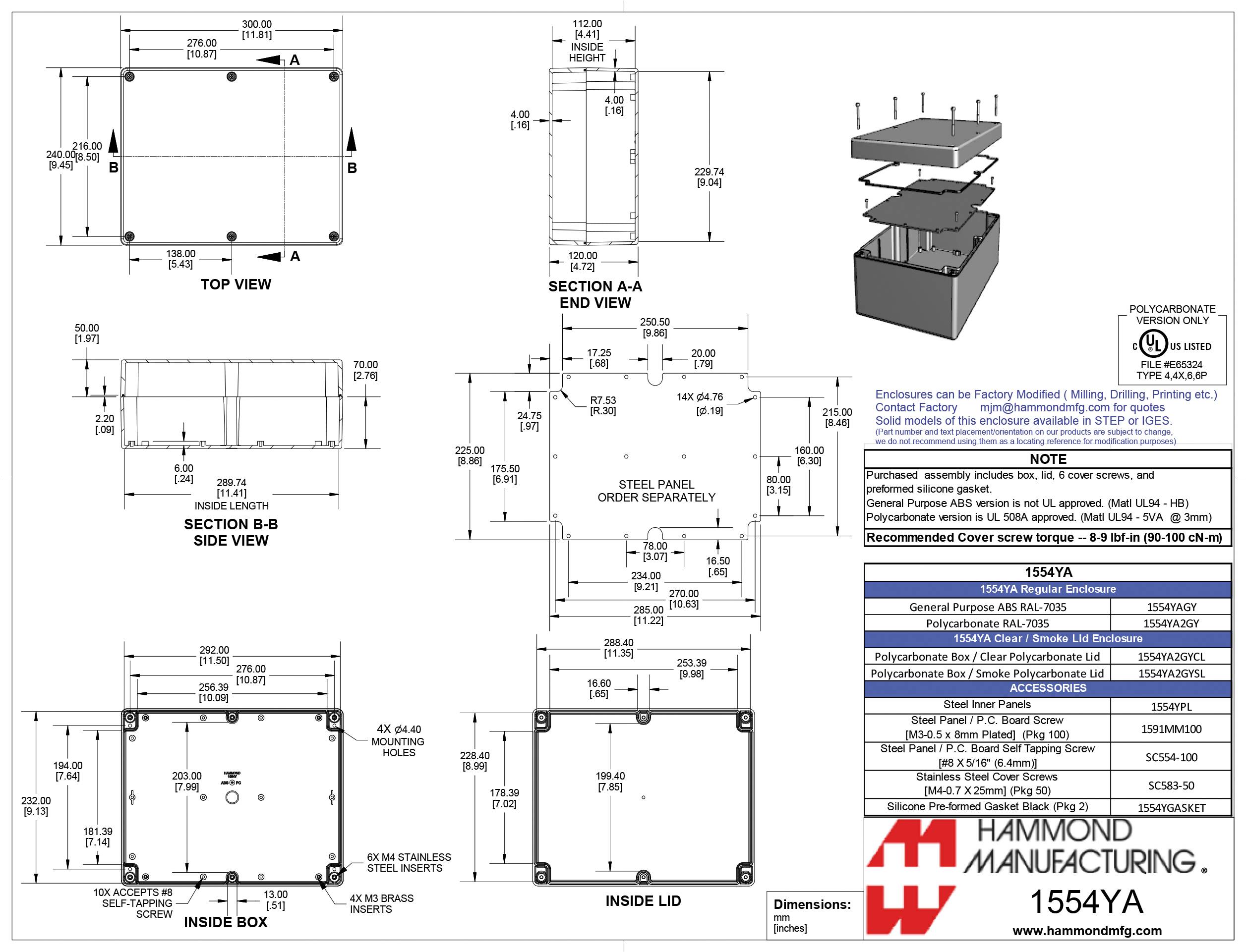Hammond Electronics 1554 PC 1554YA2GY Universal-Gehäuse 120 x 300 x 240 Polycarbonat Grau 1St.
