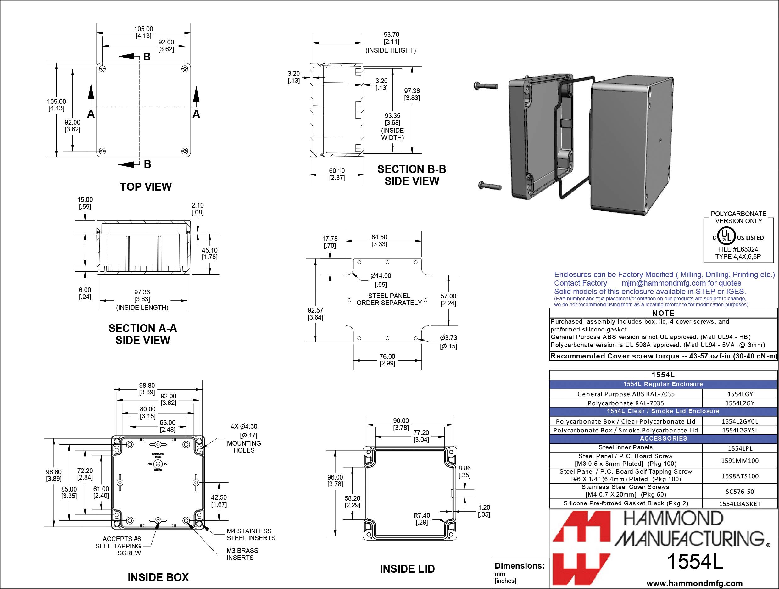 Hammond Electronics 1554 PC CL 1554L2GYCL Universal-Gehäuse Polycarbonat Grau 1St.