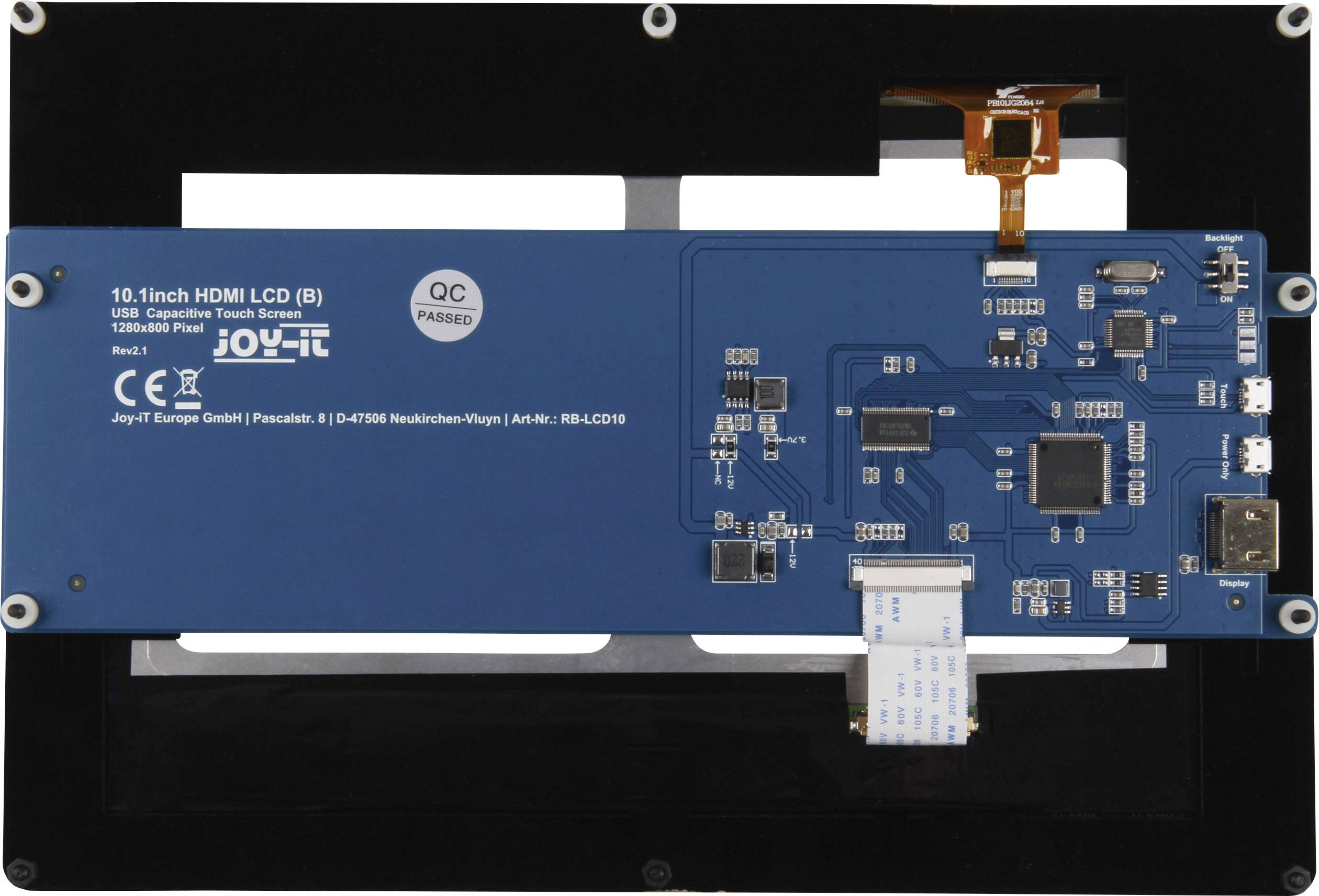 Rückseite eines 10,1-Zoll-HDMI-LCDs mit mehreren elektronischen Komponenten und Anschlüssen.