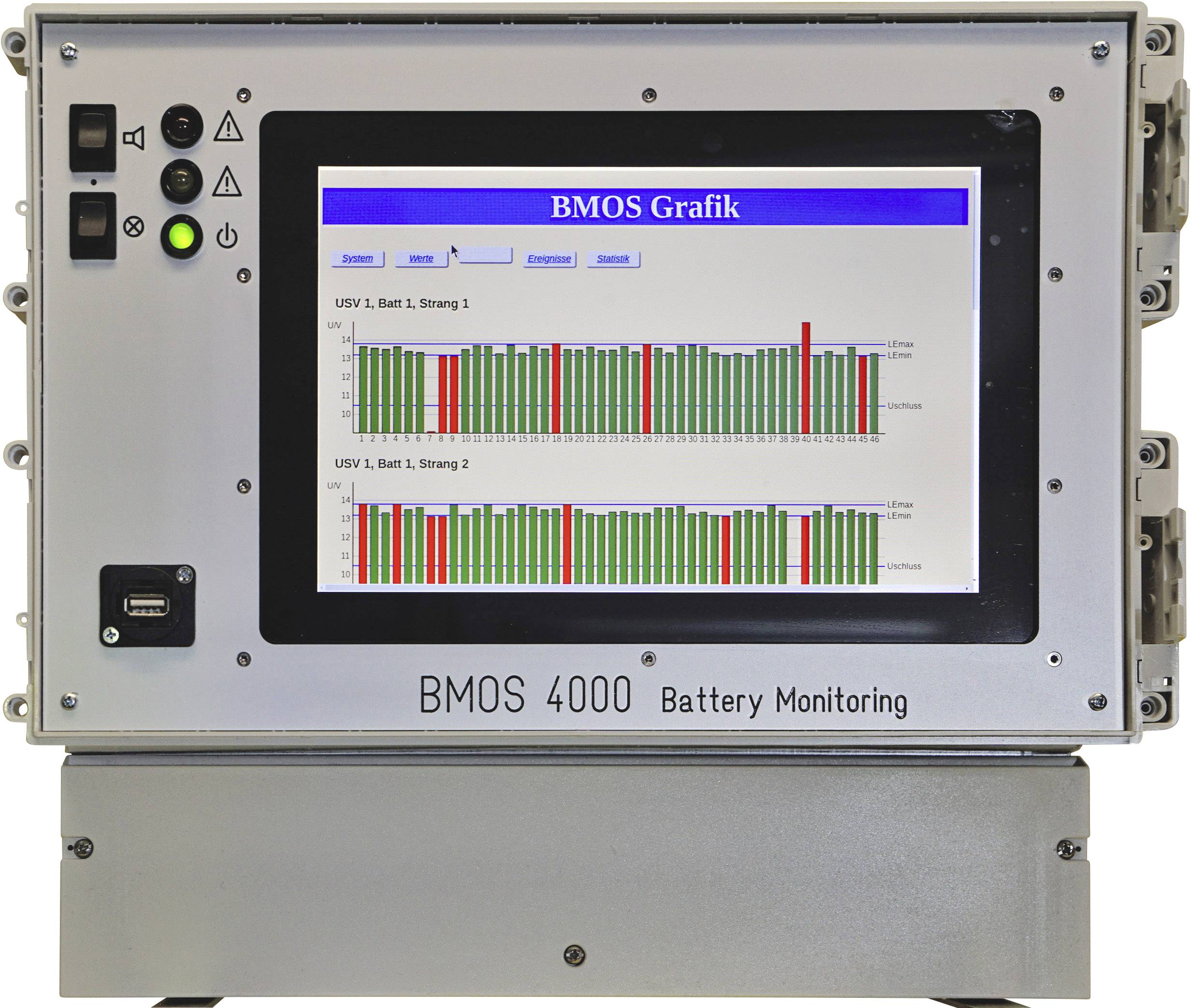 Ein Gerät zur Batteriesteuerung, das ein Display mit der Überschrift 'BMOS Grafik' zeigt. Darunter werden zwei Diagramme mit Balken angezeigt.