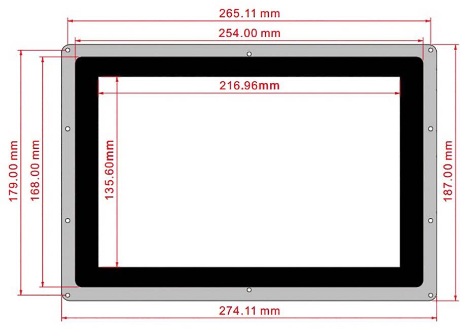 Rechteckige Ausschnittmaße: Breite 216,96 mm, Höhe 135,60 mm. Gesamte Breite 265,11 mm, Gesamthöhe 187,00 mm.
