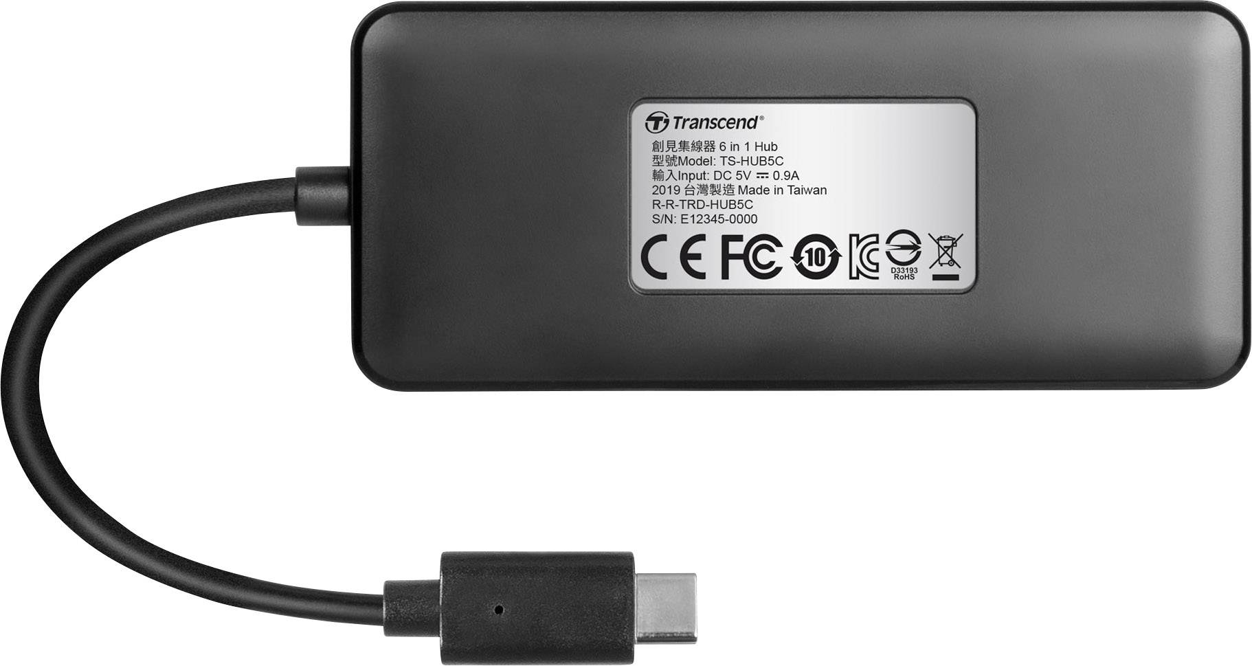 Transcend TS-HUB5C USB 2.0-Hub mit eingebautem SD-Kartenleser, mit USB-C® Stecker, mit Schnellladeport Schwarz