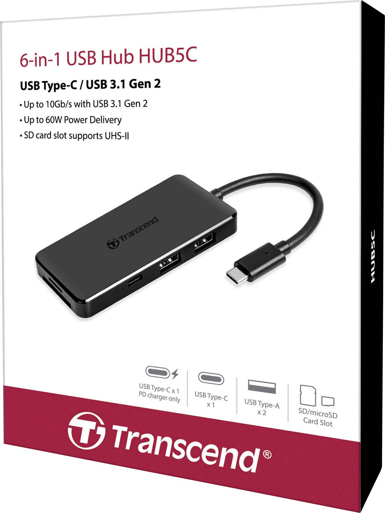 Transcend TS-HUB5C USB 2.0-Hub mit eingebautem SD-Kartenleser, mit USB-C® Stecker, mit Schnellladeport Schwarz
