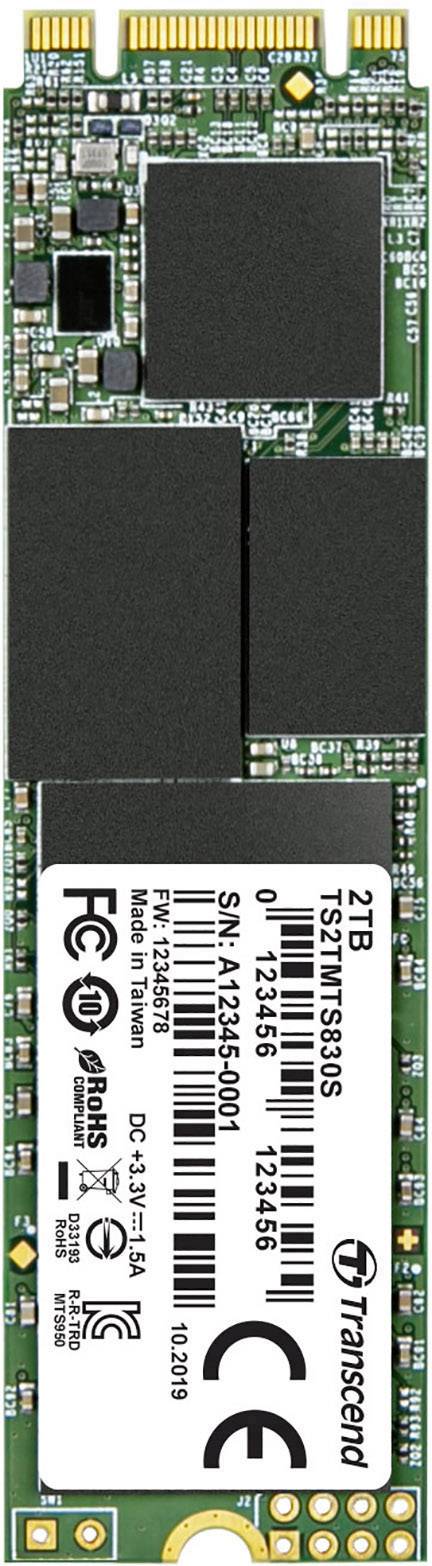 'Transcend 2TB PCIe NVMe SSD 2280-S3-B' Platine mit Speicherchips, Seriennummer und CE-Kennzeichnung. Hochleistungs-Speicherlösung.