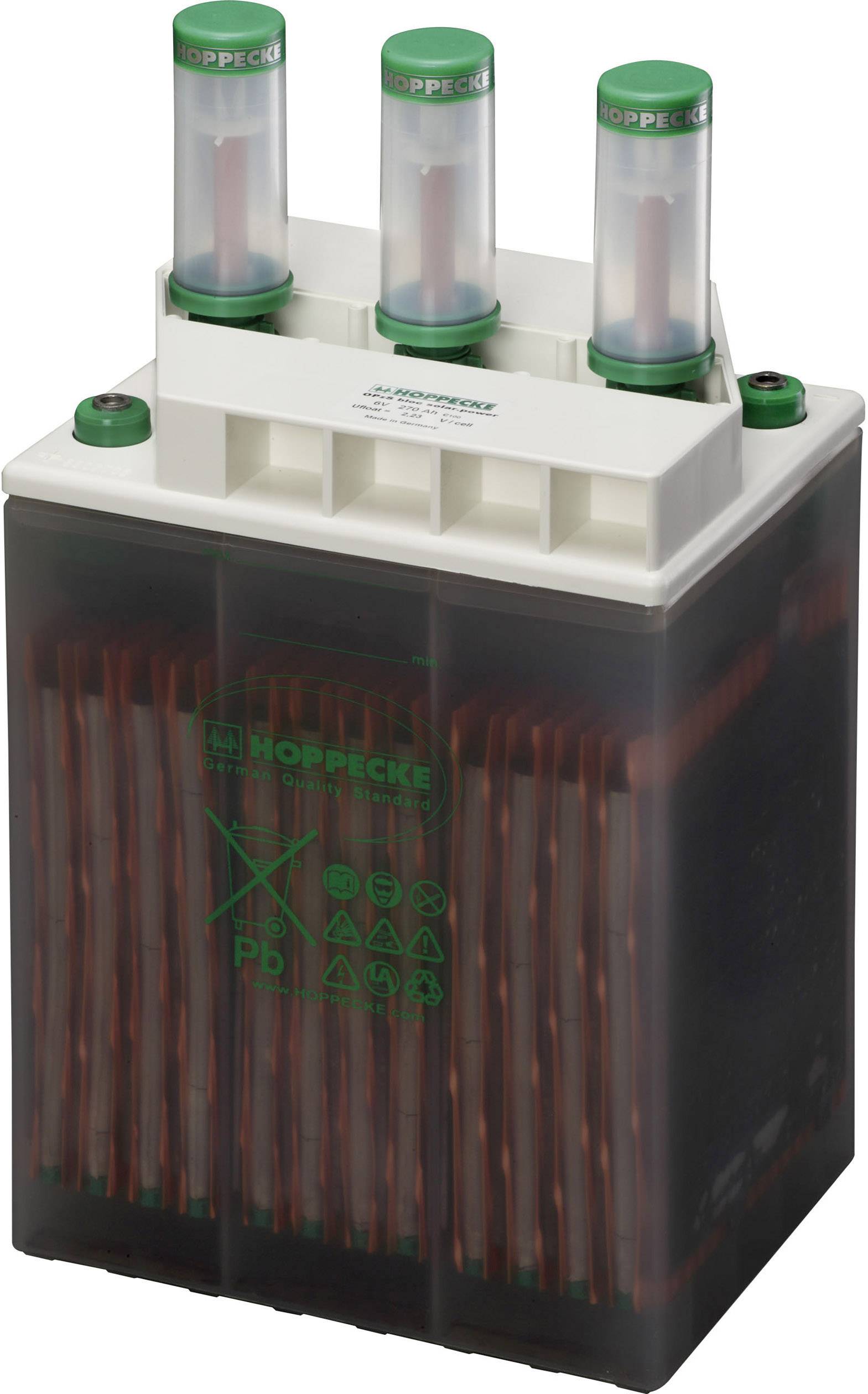 Batterie im Hochformat mit drei grünen Abdeckungen oben. Sie zeigt technische Details auf der Vorderseite.