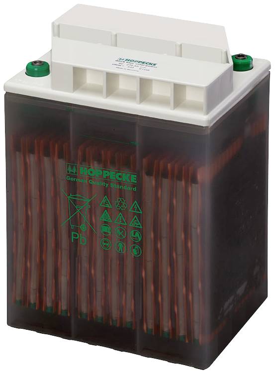 Eine transparente Batterie mit sichtbaren Bleiplatten und aufgedruckten Warnsymbolen und der Aufschrift 'Hoppecke'.