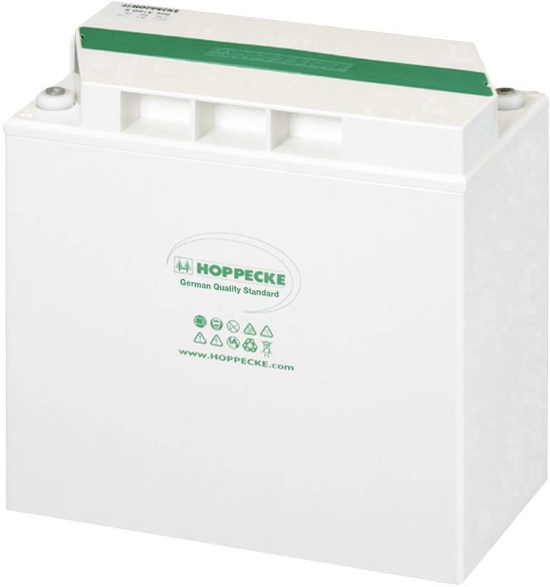 Eine rechteckige weiße Batterie mit der Aufschrift 'HOPPECKE German Quality Standard'.
