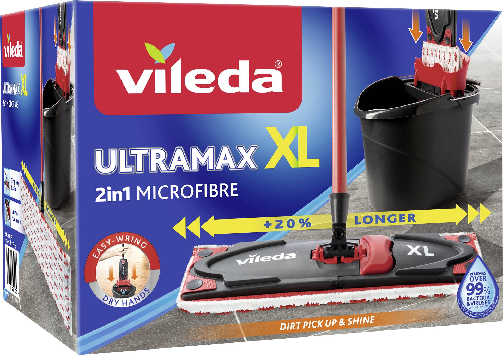 Vileda Ultramax XL 2-in-1 Mikrofaser-Wischmop- und Eimer-Reinigungsset-Packung mit Wischkopf, Wringereimer und Funktionen wie „20 % länger