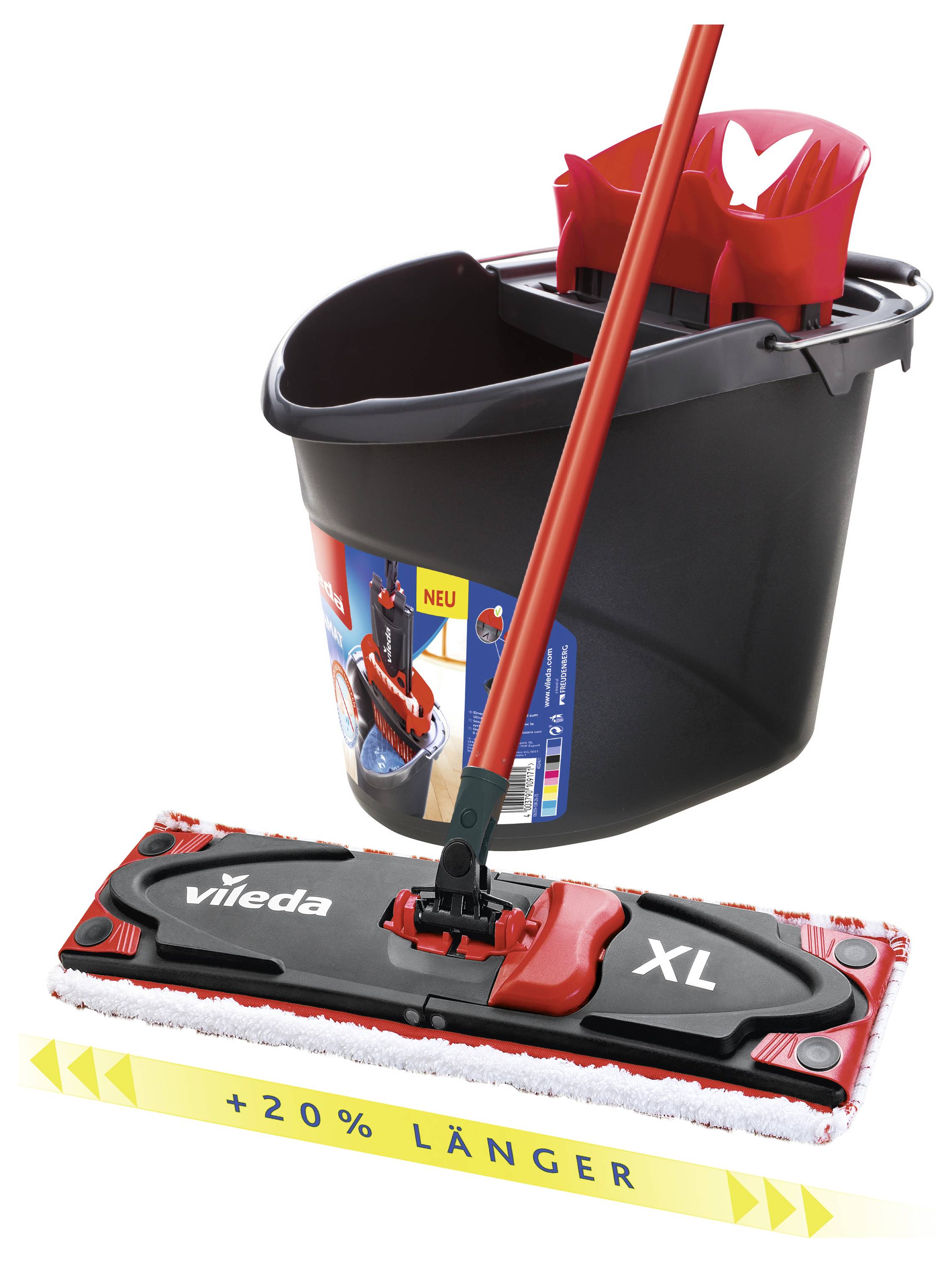 Vileda Reinigungsset mit schwarzem Eimer, rotem Mopgriff und flachem XL-Bodenmop, beschriftet mit „+20% länger