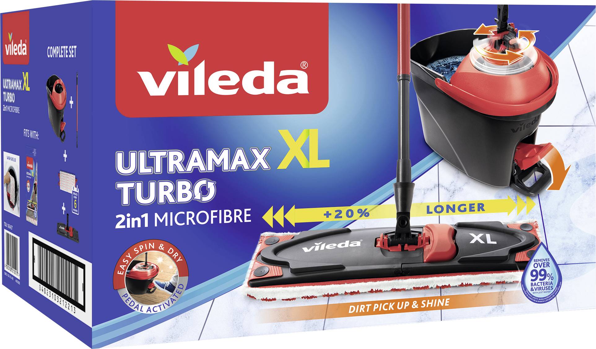 Vileda Ultramax XL Turbo 2-in-1 Mikrofaser-Mop- und Eimer-Reinigungsset-Verpackung mit Mopkopf, Eimerwringer und Produktname.