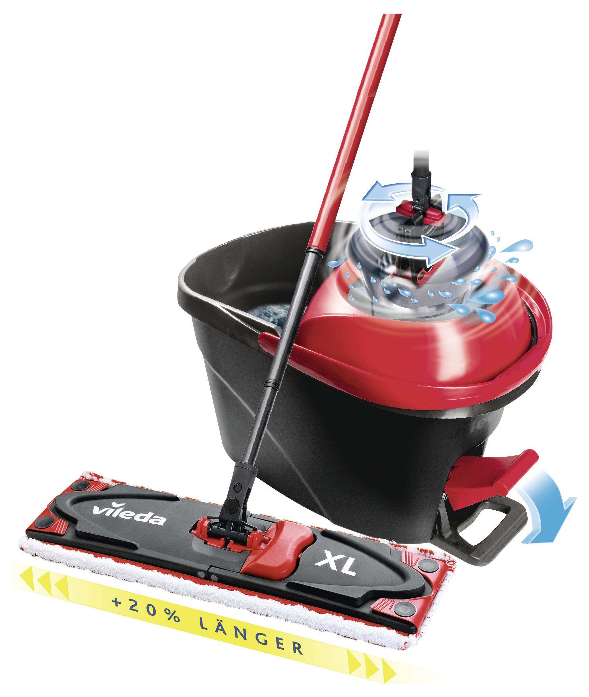 Mop- und Eimersystem mit schwarzrotem flachem Mop mit der Beschriftung „XL