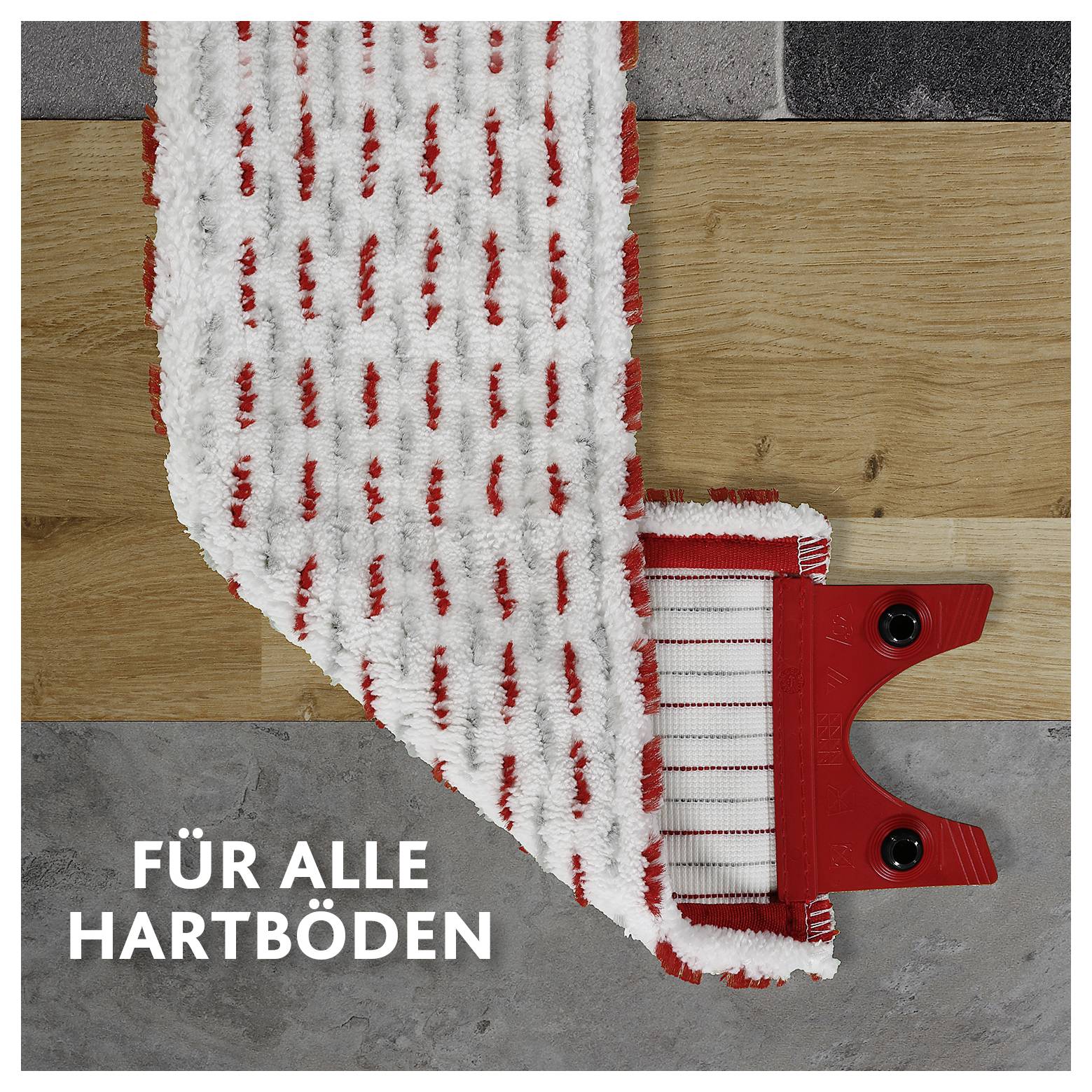 Rot-weiße Wischerkopf auf einem roten Bodenwischer mit der Aufschrift „FÜR ALLE HARTBÖDEN