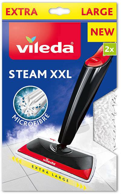 Verpackung eines Vileda Steam XXL Wischmopps. Beschriftungen: 'Extra Large', 'New', '2x', 'Mikrofaser'. Bild eines Dampfwischers.