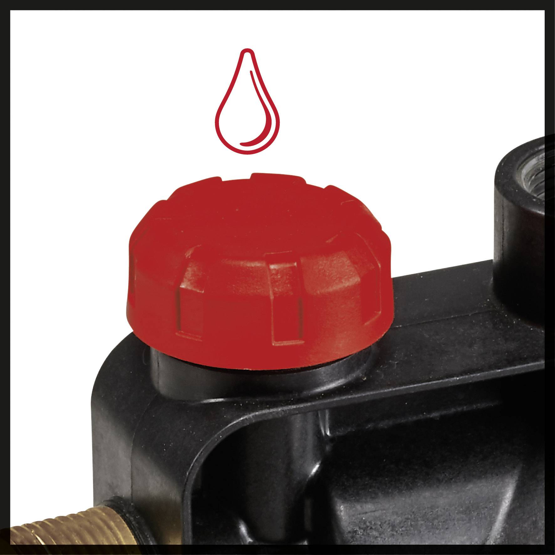 Ein rotes Ventil auf einem schwarzen Rohr; darüber ein Tropfensymbol. Zeigt die Stelle zur Kontrolle oder Anpassung des Flüssigkeitsflusses.