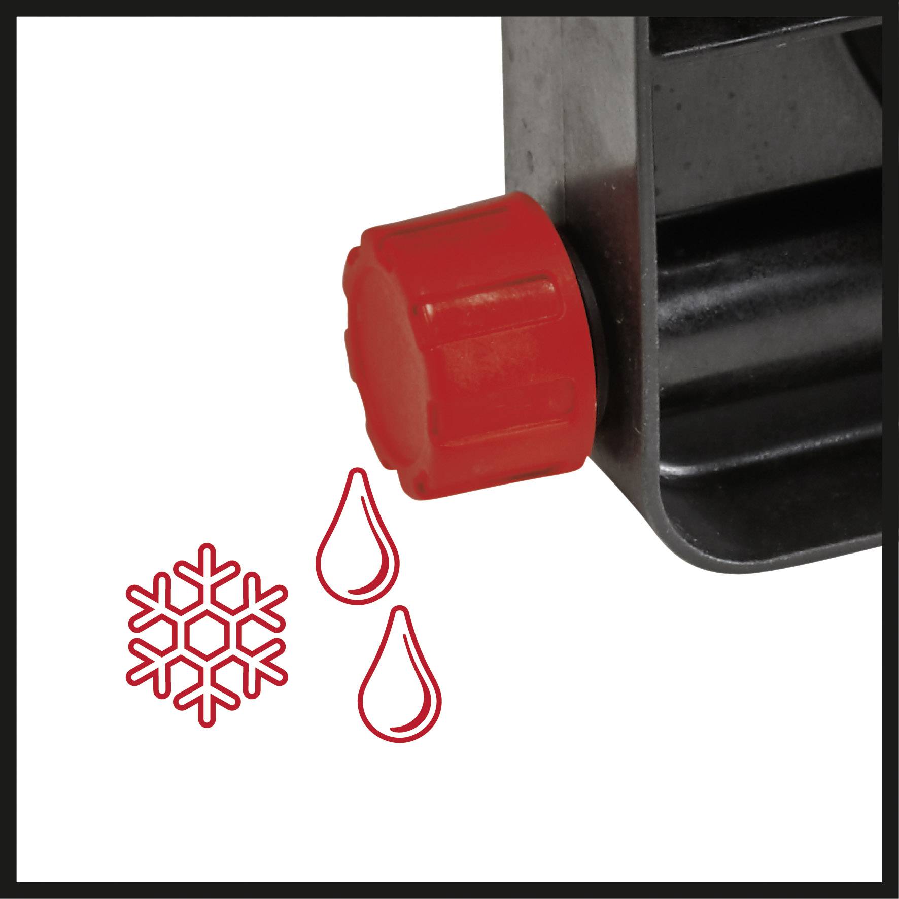 Roter Drehknopf an Maschine mit Symbolen eines Schneeflocke und Tropfen, die auf Temperaturregulierung hindeuten.