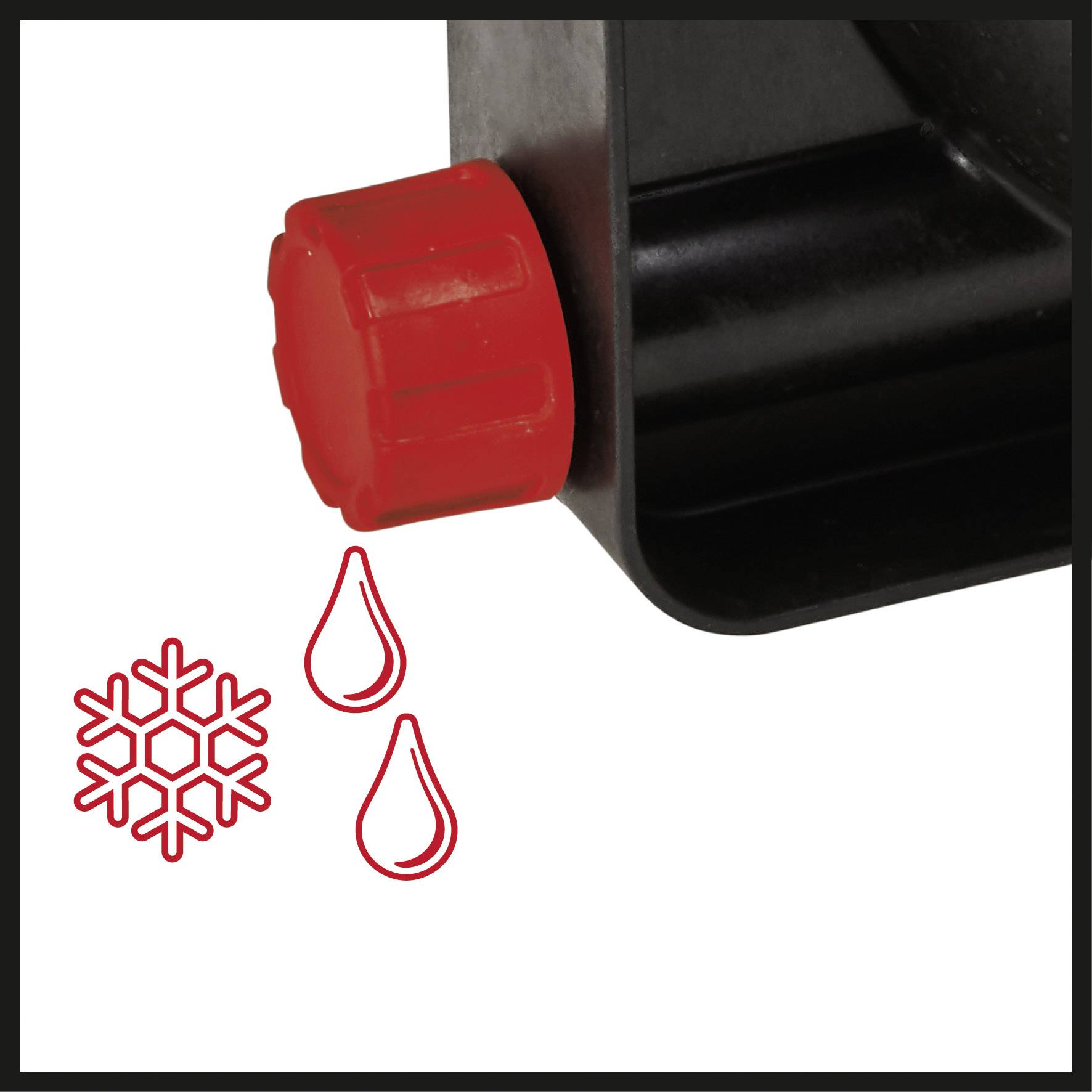 Roter Drehknopf an einem Gerät symbolisiert Steuerung. Neben dem Knopf sind Symbole für Schneeflocke und Tropfen, wahrscheinlich für Temperatur- oder Flüssigkeitseinstellungen.