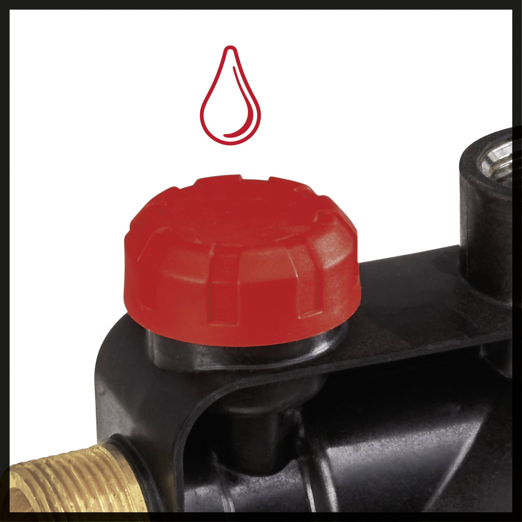 Ein rotes Ventil auf einem schwarzen Gerät. Über dem Ventil ist ein rotes Tropfensymbol abgebildet.