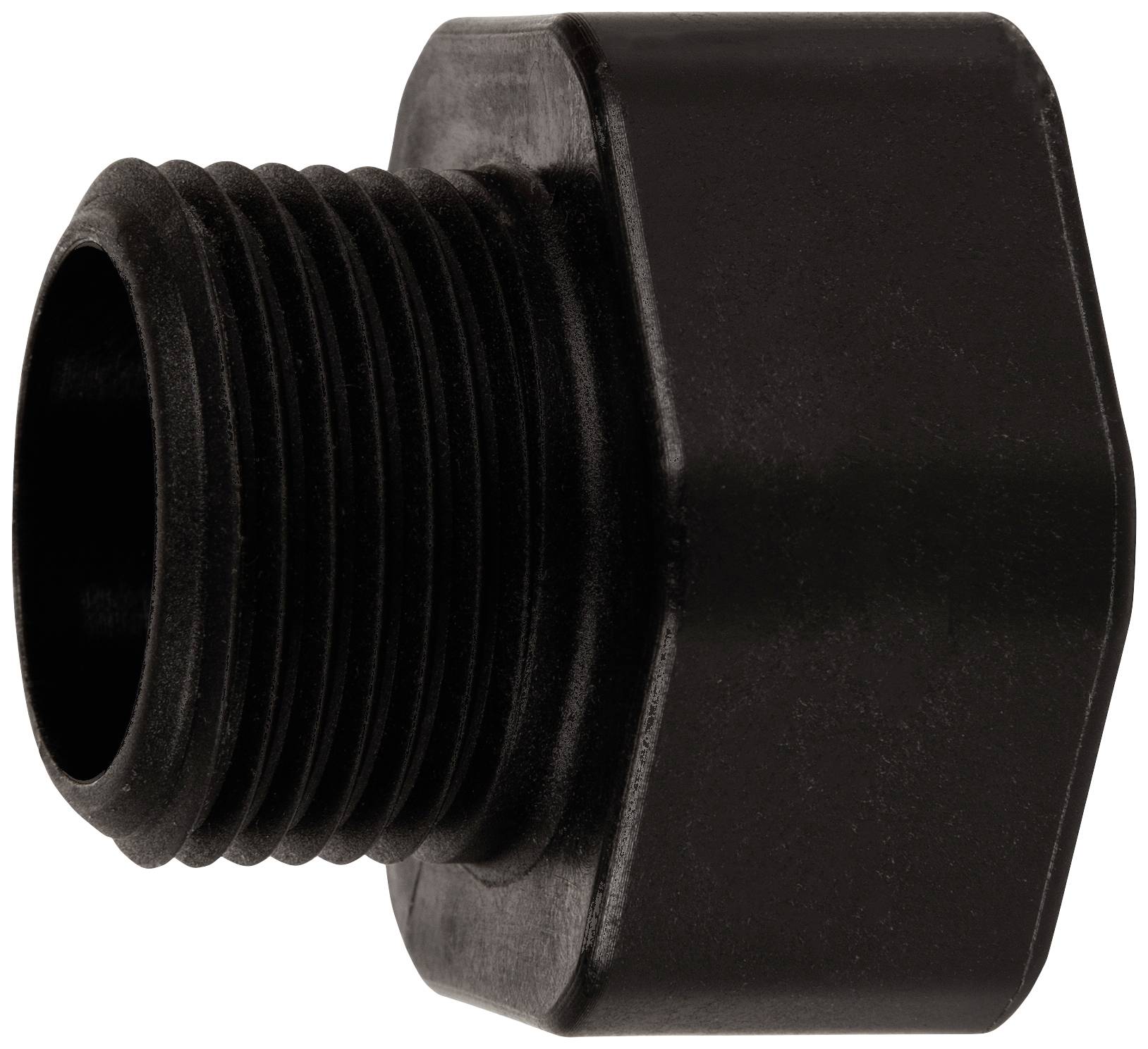 Schwarzes, sechseckiges Rohrfitting mit Gewinde, typischerweise verwendet zur Verbindung von Rohren oder Schläuchen in Sanitärsystemen.