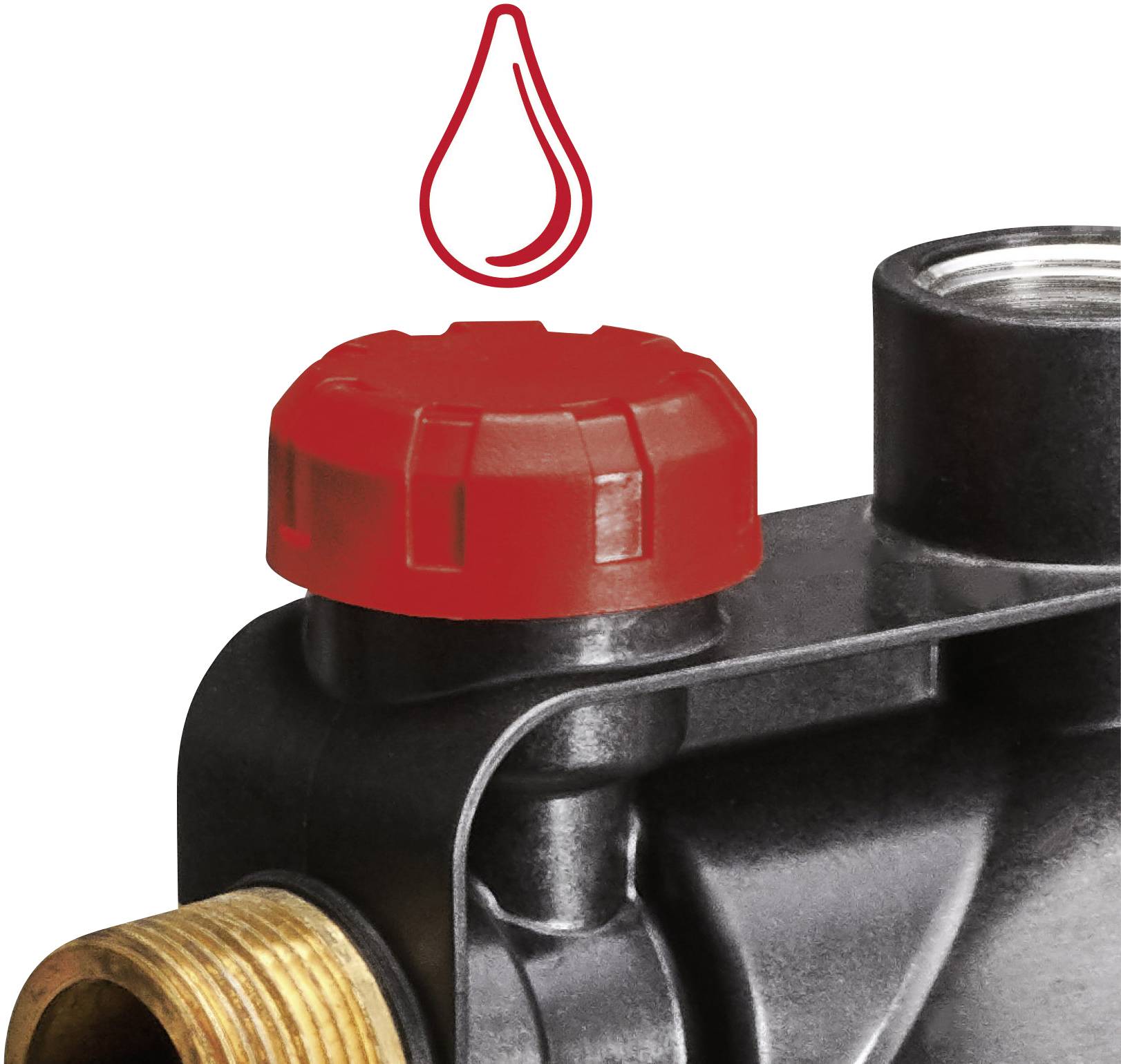 Ein schwarzes Ventil mit rotem Drehknopf und einem Tropfen-Symbol darüber, welches den Wasserdurchfluss anzeigt.