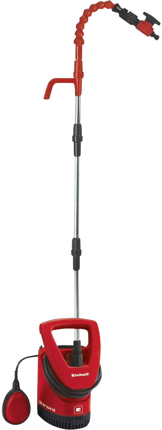 Rote Wasserpumpe mit langem, verstellbarem Rohr und Düse. Markenname auf der Pumpe. Geeignet für Gartenbewässerung.