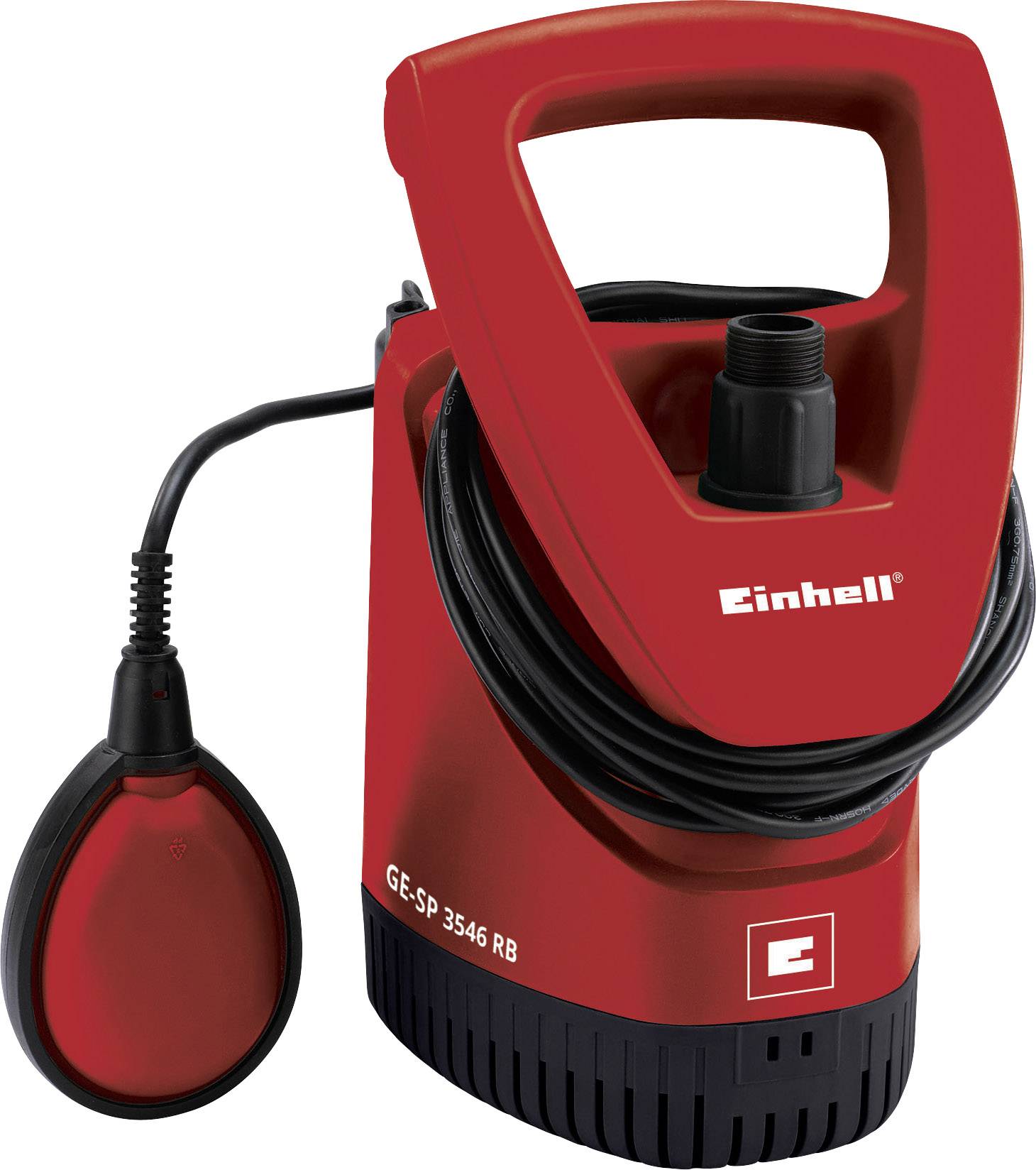 Rote Tauchpumpe mit Griff, Einhell Logo, Kabel und Schwimmer. Modell 'GE-SP 3546 RB', geeignet zum Abpumpen von Wasser.