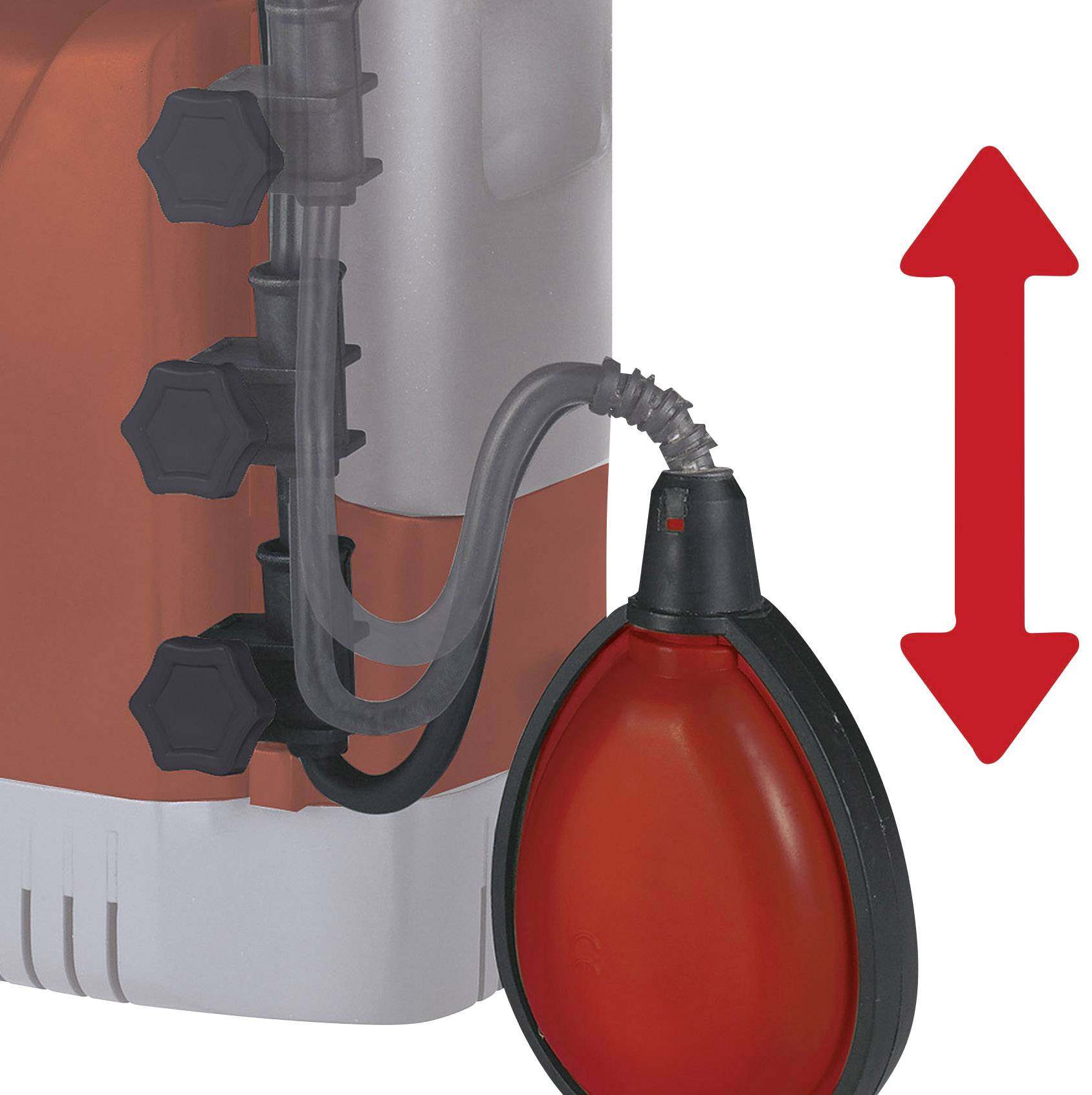 Eine Pumpe mit Anschlüssen und einem roten Schwimmer, der den Wasserstand regelt. Ein roter Pfeil zeigt darauf.