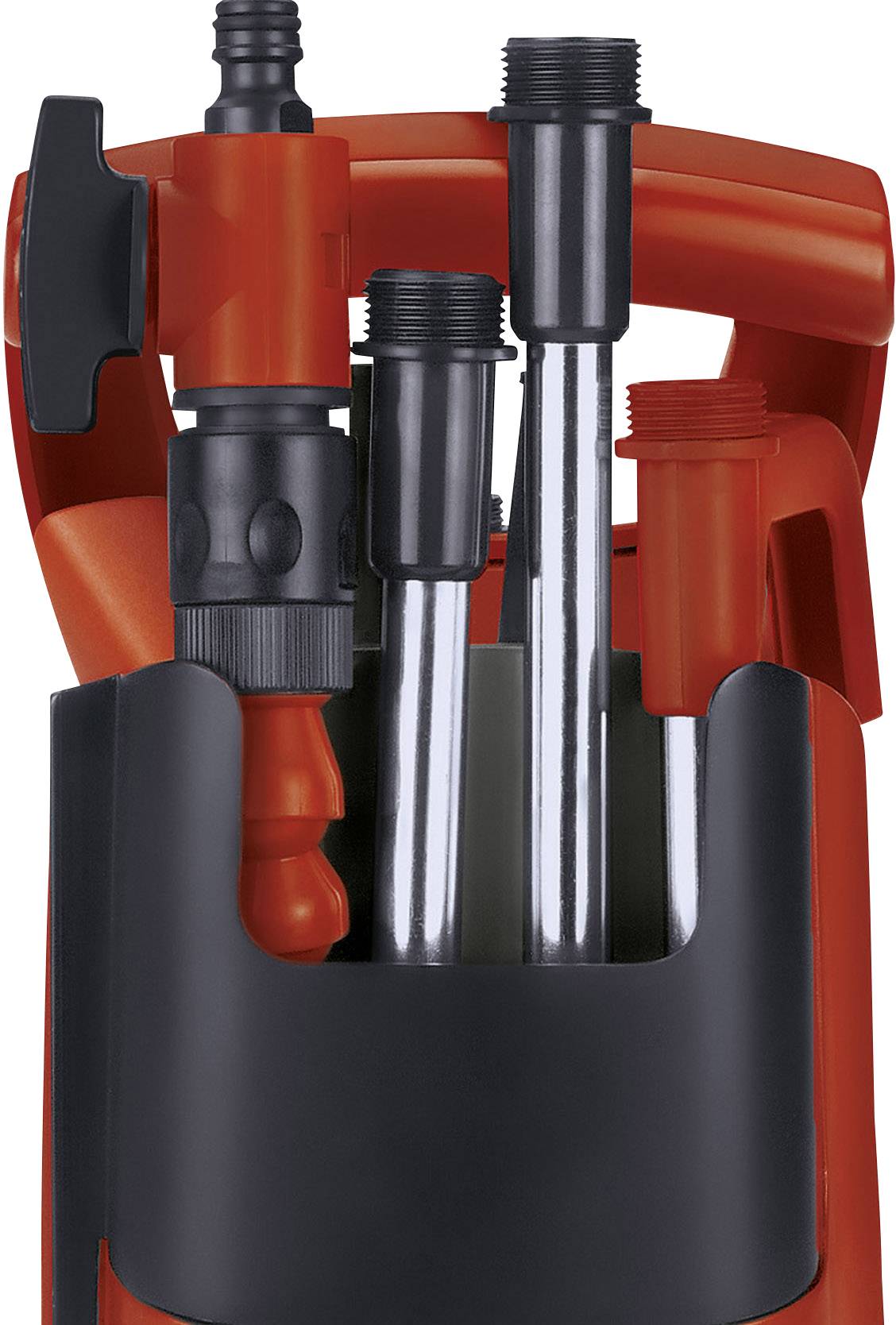 Orange und schwarze Scheibe mit verschiedenen Düsen und Stangen in einer Halterung, vermutlich Teil eines Reinigungsgeräts.