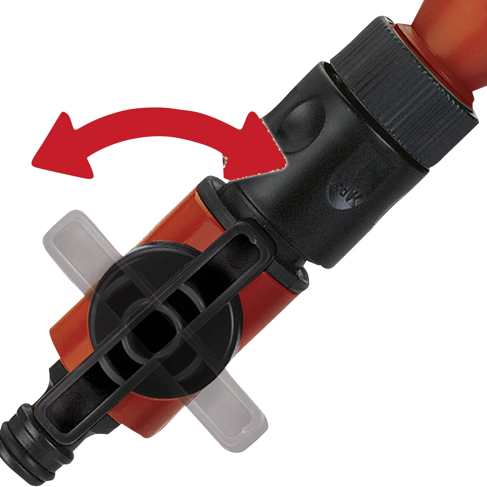 Drehverbindung mit rotem Pfeil zeigt Richtung zum Drehen. Zum Verbinden von Schläuchen geeignet. Enthält schwarzen und roten Kunststoff.