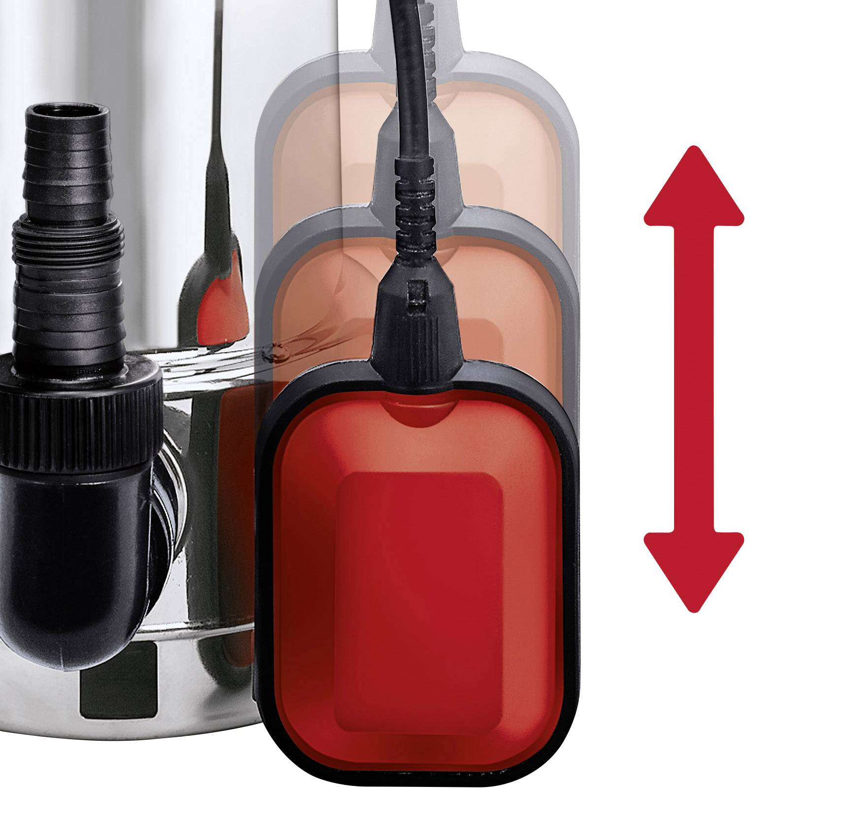 Eine silberne Tauchpumpe mit einem schwarzen Schlauchanschluss und einem orangefarbenen Schwimmerschalter, der den Wasserstand anzeigt.