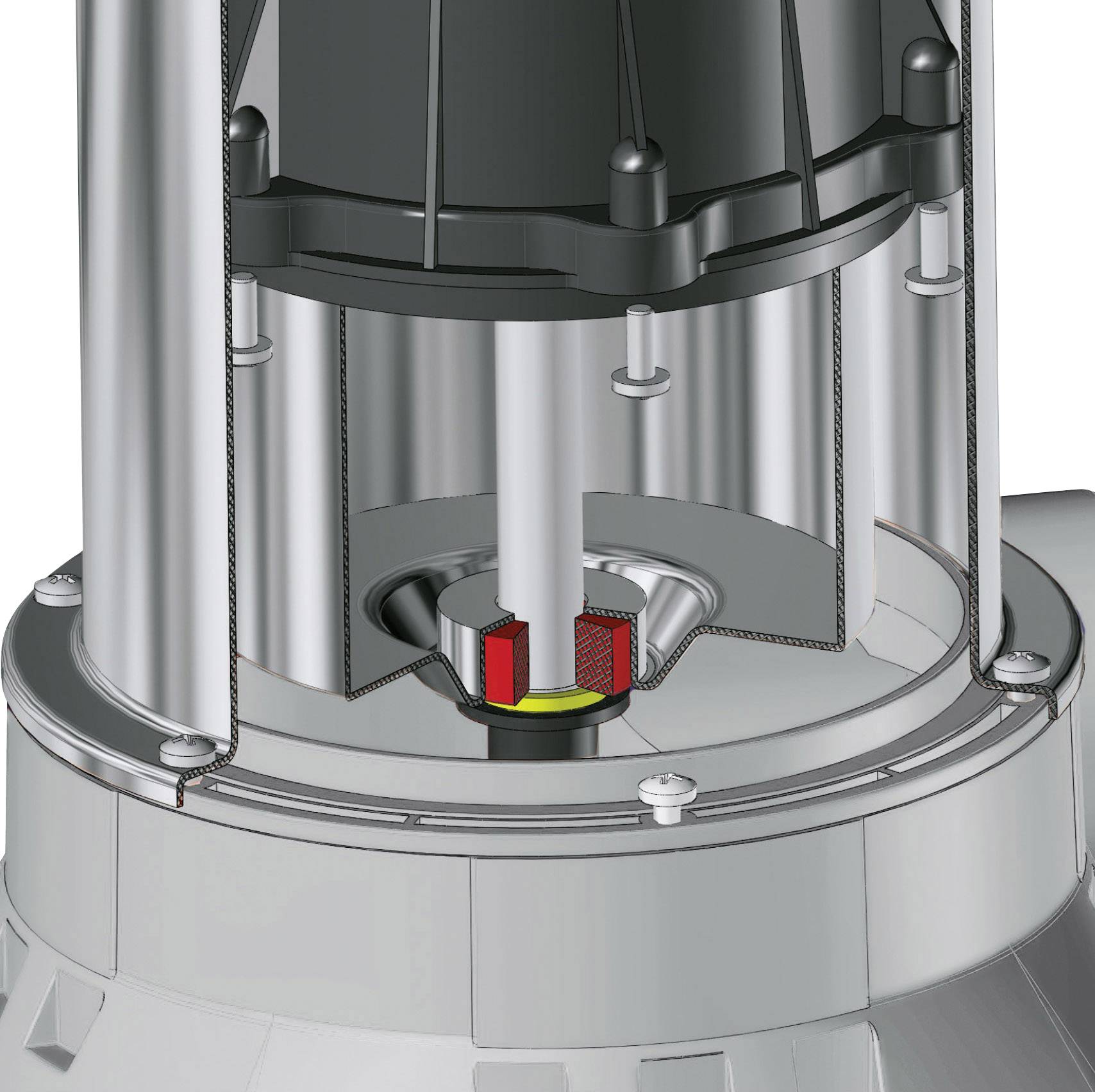 Eine technische Illustration eines Maschinenteils mit sichtbaren Zahnrädern und mechanischen Komponenten im Inneren.