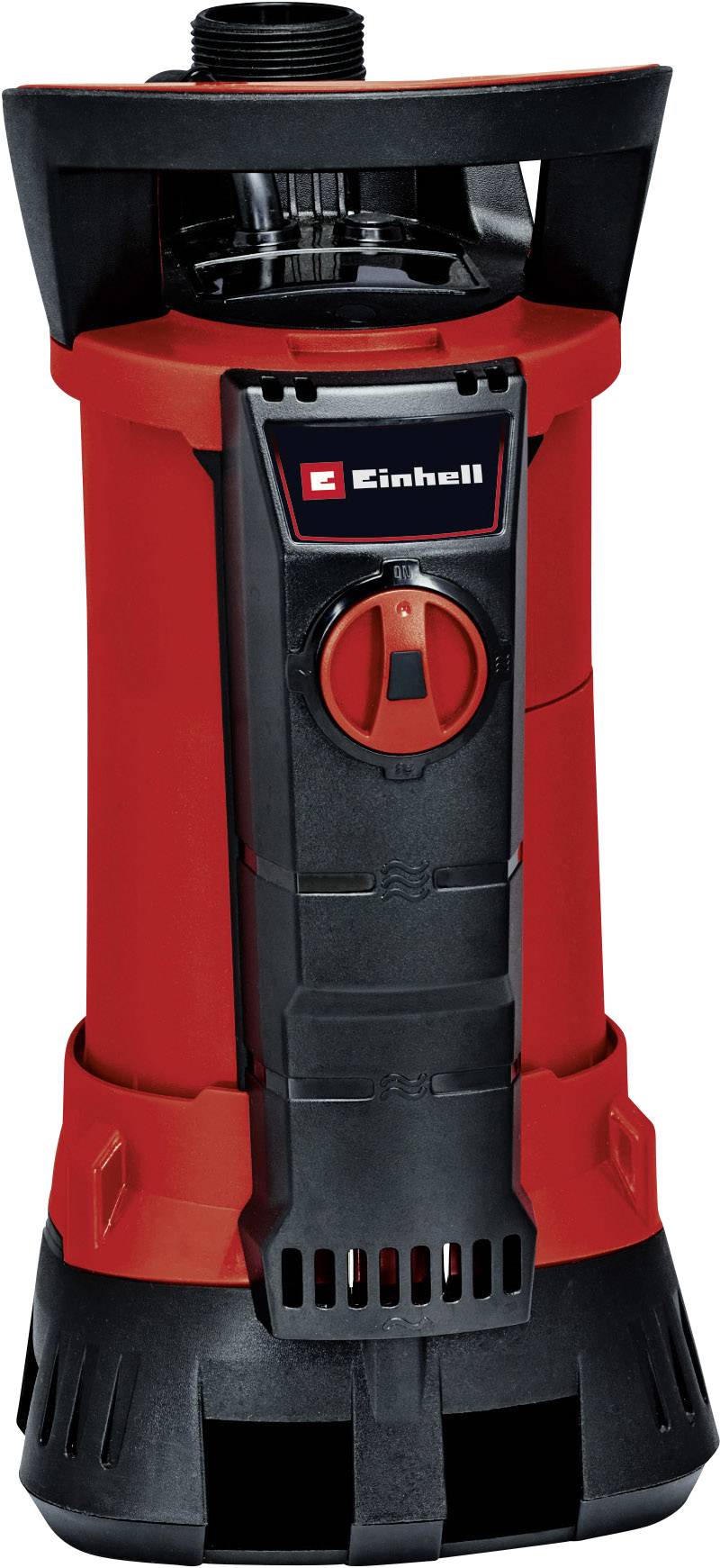 Eine rote Tauchpumpe mit schwarzem Griff und sichtbarem Markenlogo, geeignet für Wasserförderung oder Entwässerung.